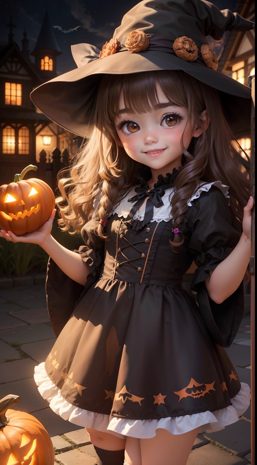 Little pretty girl dressed as a witch。light brown fluffy curly hair,。see the beholder。Happy smile。The background is a Halloween townscape。