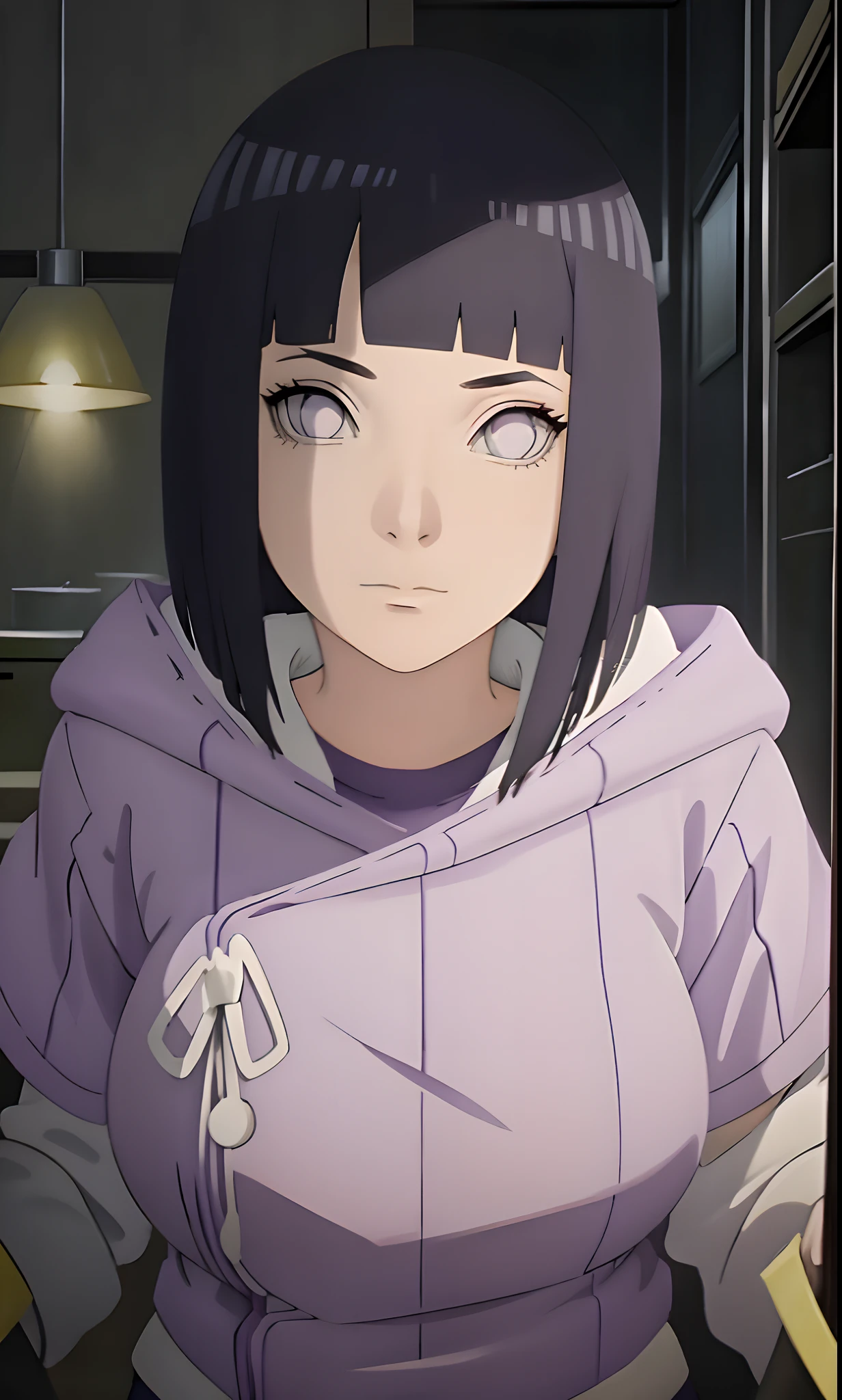 Meisterwerk, (purple open zip hoodie), Seductive face, gute Beleuchtung, Ausschnitt, Kleine Details, Meisterwerk, Leuchtende Augen, 1girls, schwarzes Haar, im Gesicht, Nezuko Kamado, Glyzinien-Hintergrund, Meisterwerk, best quality, Pov, Erotik,big boobs,show boobs,