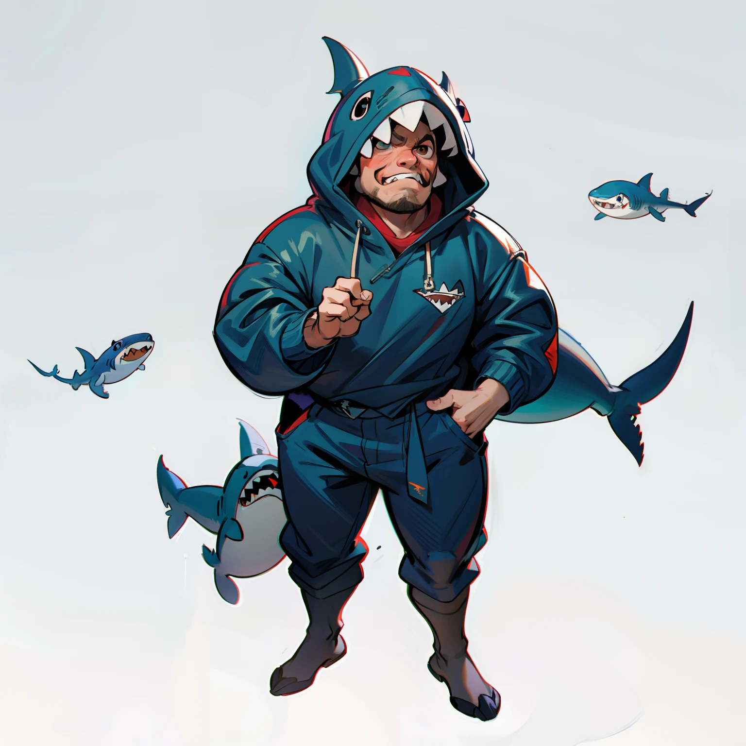 masutepiece, Best Quality, Full body shot, No background, White background, loan shark, Man's, muscular, Chibi, shark costume, fat man, shark tooth, shark eyes