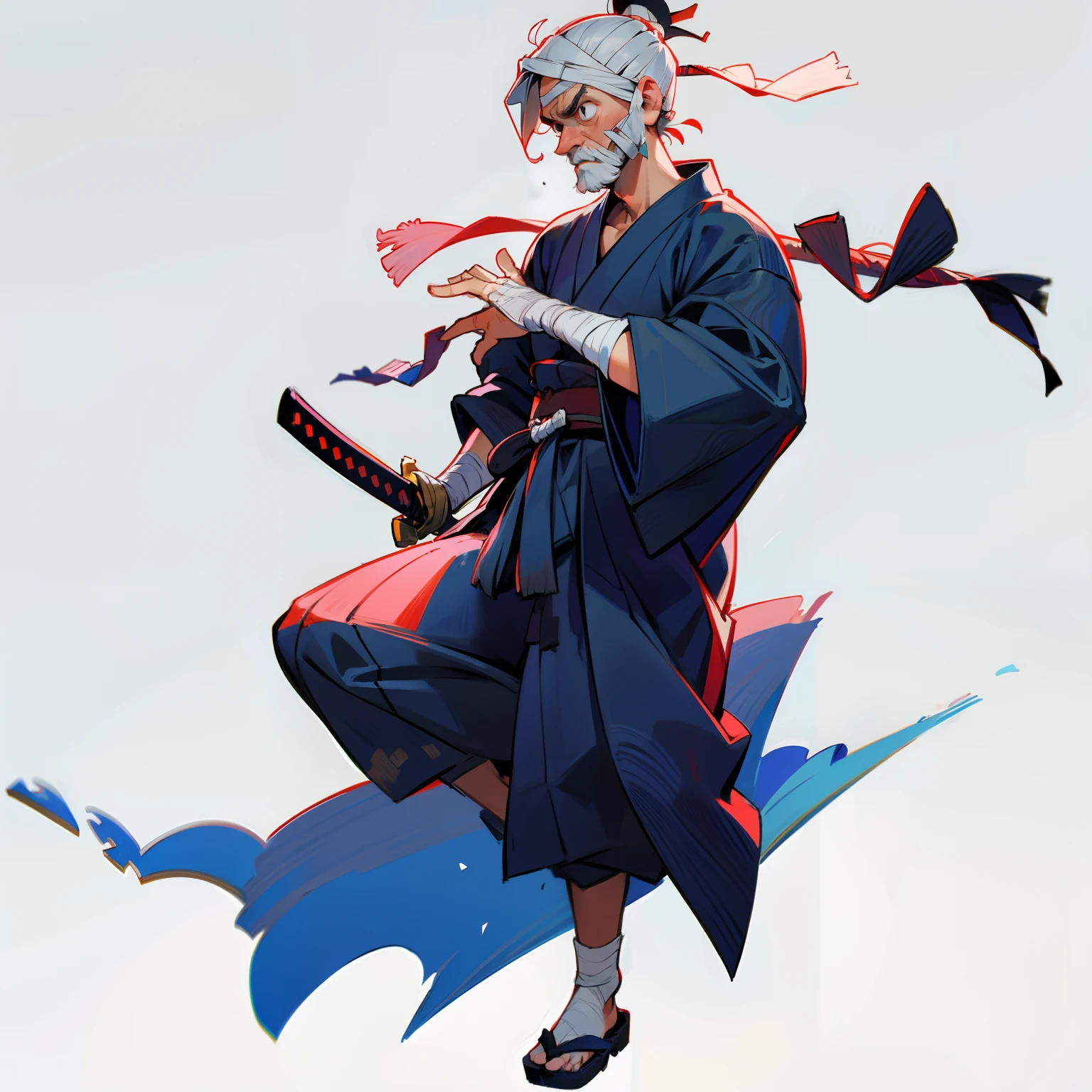 masutepiece, Best Quality, Full body shot, No background, White background, Man's, Samurai, Old Man, Kimono, Bandages on both hands, no sword