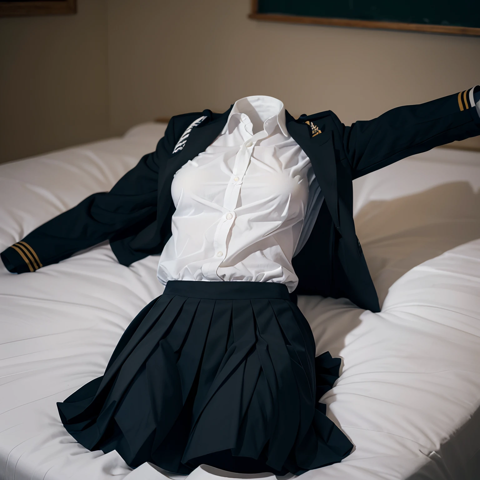 (girls' school uniform lying on the bed:1.6) , (school uniform swells as if worn by invisible girl:1.8),((invisible, no humans:1.7, headless:1.7, handless, legless)), (big breasts:1.8),
(8k, RAW photo, best quality, masterpiece:1.2), (realistic, photo-realistic:1.37),photon mapping, radiosity, ((Hasselblad photography)),physically-based rendering,