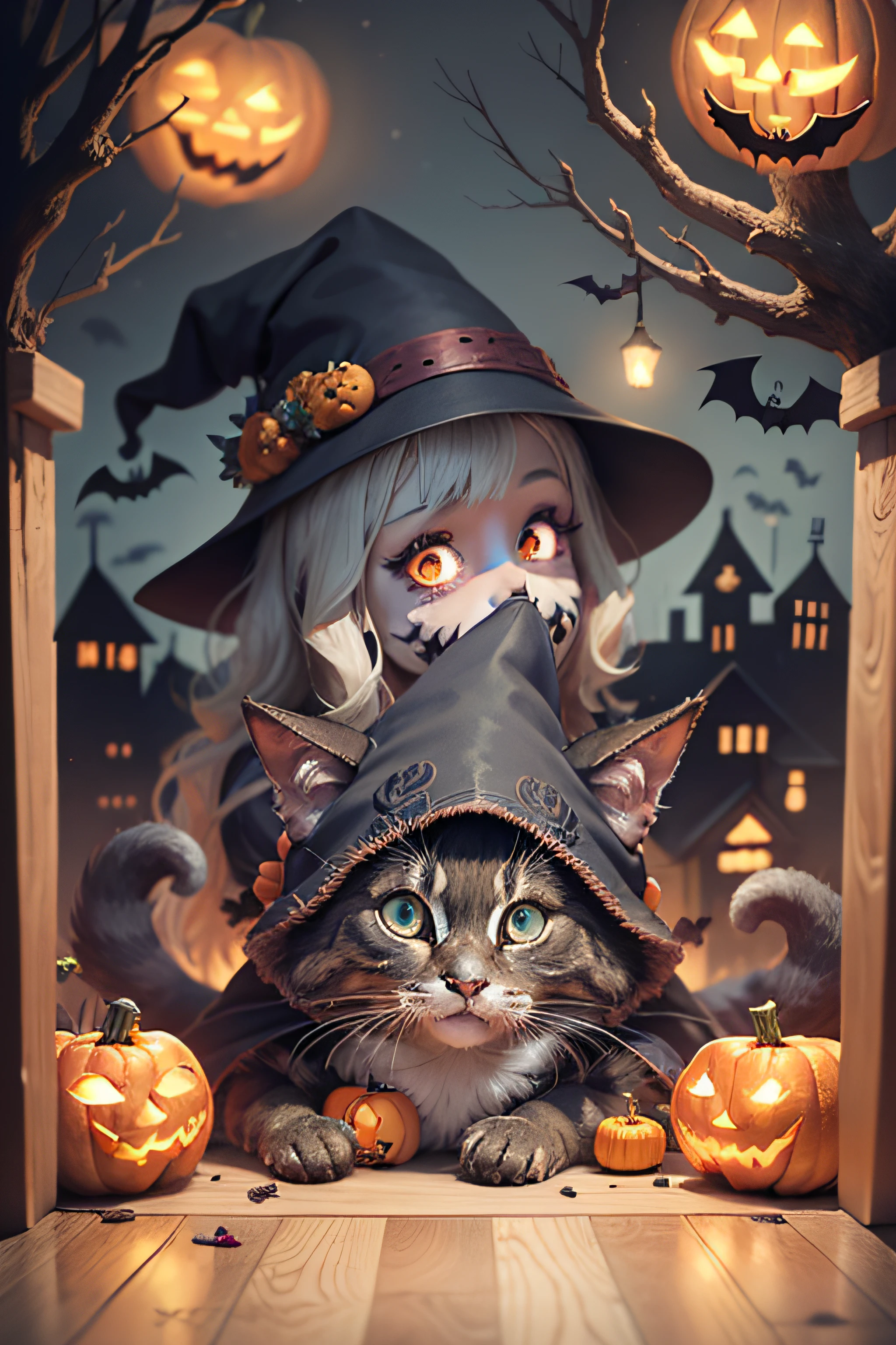 "Spooky and humorous Halloween scene with vibrant colors and captivating details, featuring playful and mischievous characters, unique costumes, creative decorations, and a festive atmosphere."