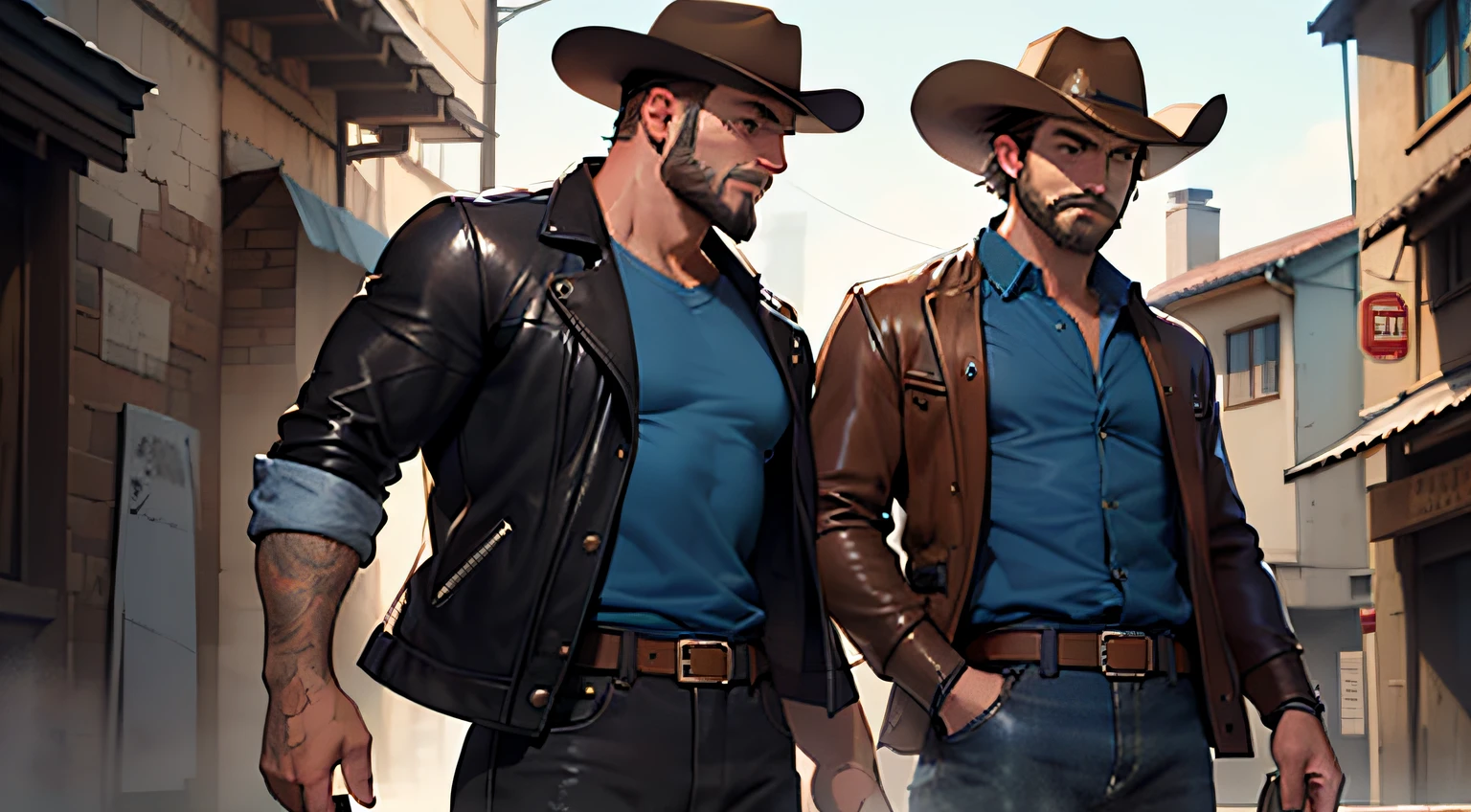 (4K, Best picture quality, A high resolution:1.1), (Masterpiece:1.1)Muscular man，blue-shirt, Brown leather jacket, long black jeans, Cowboy boots, revolver, Cowboy hat, Dark brown hair, Short hair, Brown eyes, two guys，A middle-aged beard with a thick beard，A young and handsome，without a beard,The two rode on horseback