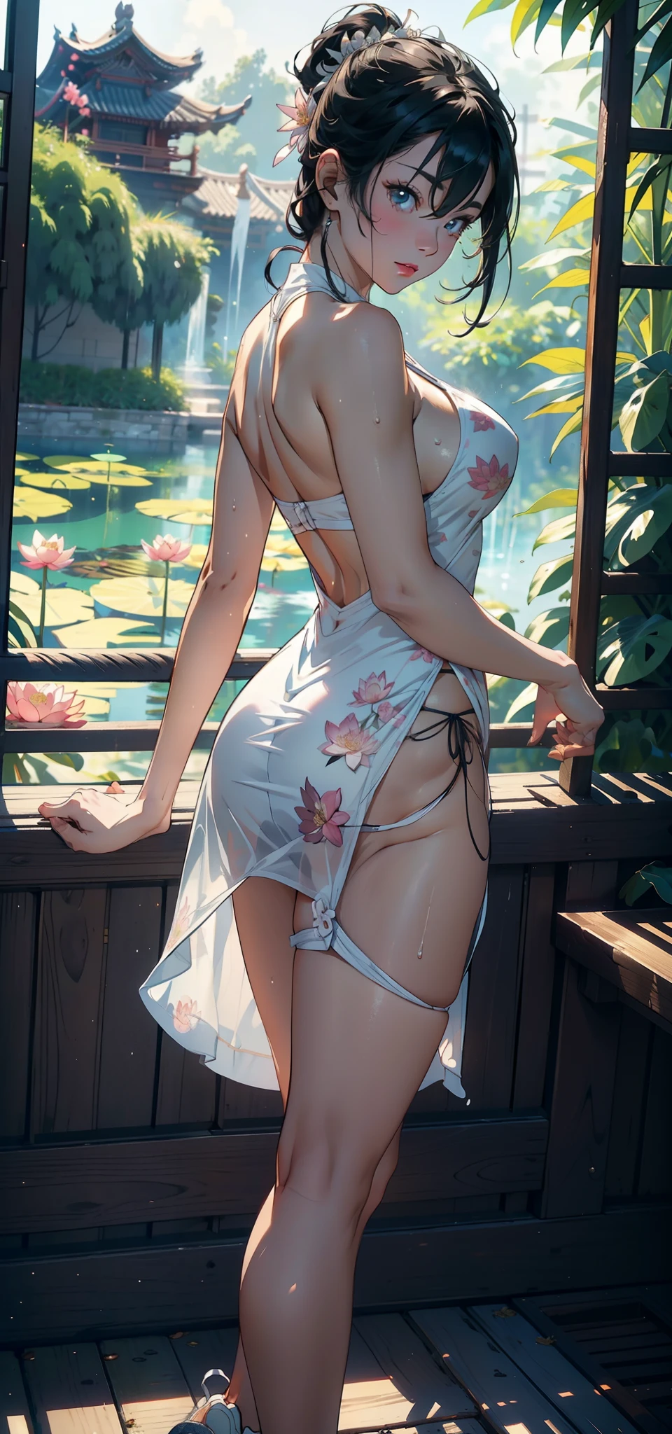 1female,35yo,熟妇,long leges,Big breasts Thin waist,Slim,huge-breasted ,Pornographic exposure, 独奏,(Background with:bamboo forrest,lotuses,lotus flower,exteriors,Lotus pond) She has short black hair,standing on your feet,Sweat profusely,drenched all over the body,seen from the front, hair straight, mostly cloudy sky,(((tmasterpiece),(Very detailed CG unity 8K wallpaper),best qualtiy,cinmatic lighting,detailed back ground,beatiful detailed eyes,Bright pupils,Black eyes,(Very fine and beautiful),(Beautiful and detailed eye description),ultra - detailed,tmasterpiece,)),facing at camera,A high resolution,ultra - detailed),revealing breasts,Bare genitalia, Bulge,legs are open,Raised sexy,Camel toes,Flushed complexion,Open-mouthed,frontage,White floral headband,elementary student(Wearing:Sexy revealing dress,athletic sneakers)Full body photo,Show shoes,The camera looks from the bottom up