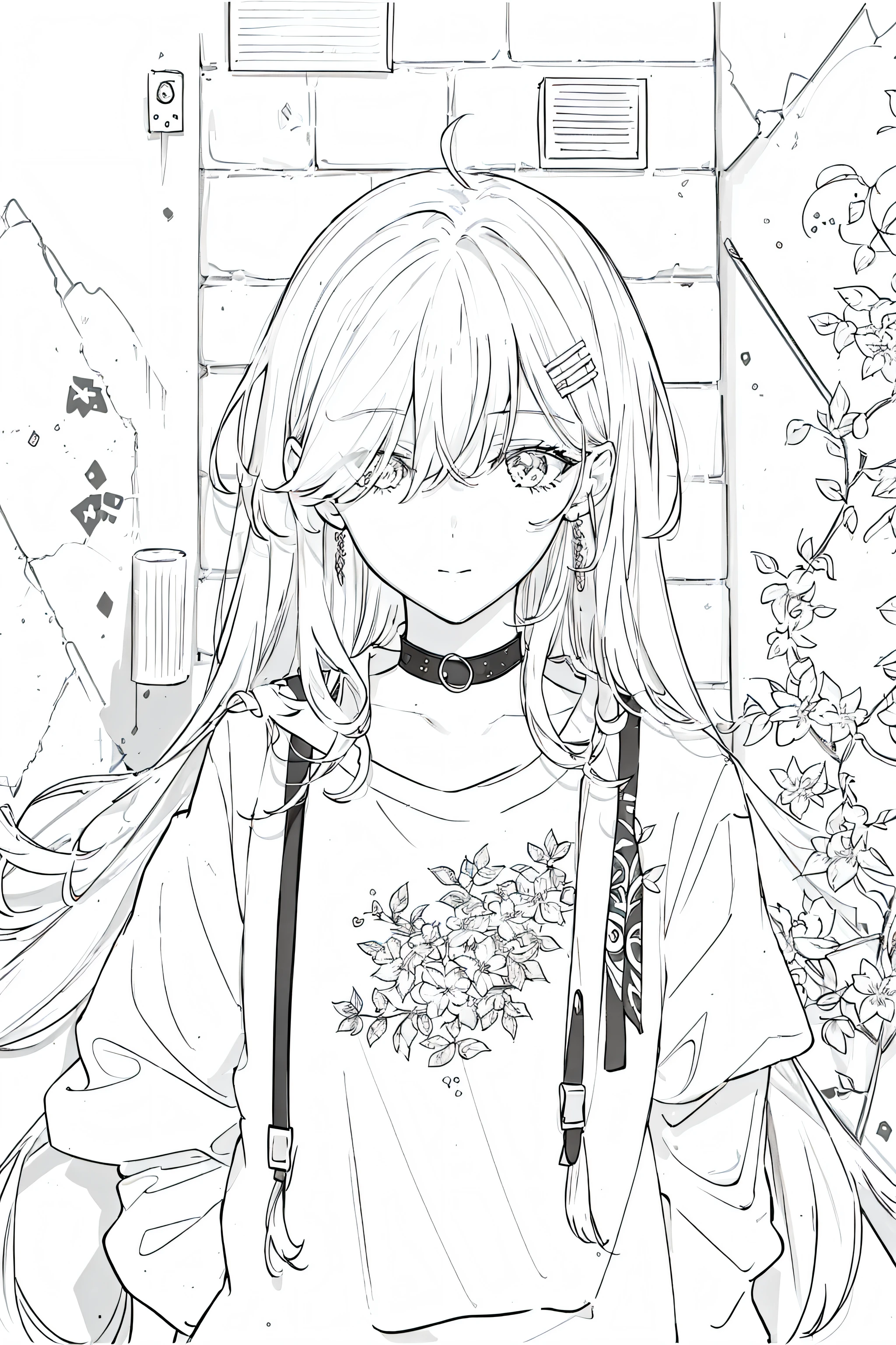 best quality, intricate details, lineart, monochrome,
1girl, long hair, black hair, messy hair, hair over one eye, sharp eyes,
choker, shirt, torn legwear, open jacket,
against wall, brick wall, graffiti, dim lighting, alley