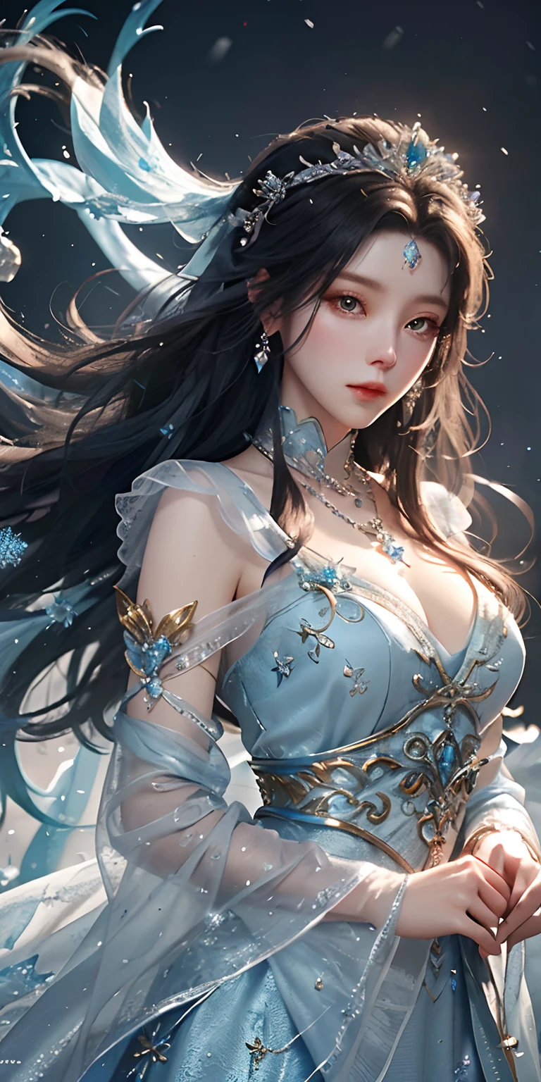 There was a woman in a blue dress.,Wear necklace, ((a beautiful fantasy empress)), Inspired by Sim Sa Jeong, azure. detailed hair, Winter Princess, Ice Princess, Goofy's-style artwork, 8k)), Aesthetic imagination!, Govez, Ice Queen, High-quality detailed art with a precision of 8K