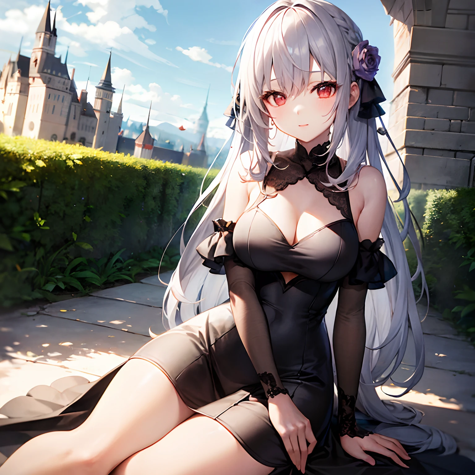 silber hair、red eyes、Beautiful girl alone、fuffy dress、off shoulders、Western-style castle