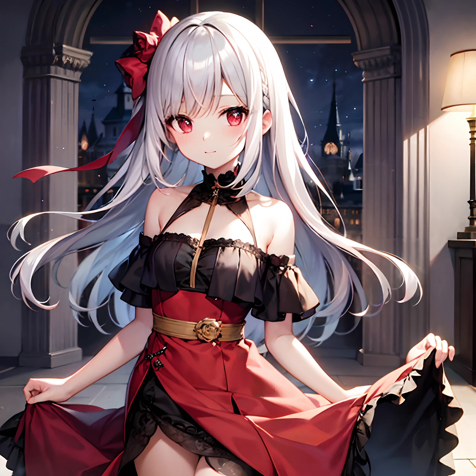 silber hair、red eyes、Beautiful girl alone、fuffy dress、off shoulders、Western-style castle