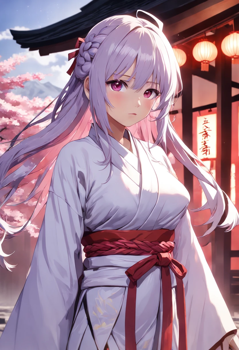 Raiden General Fine clothes White clothes Blunt bangs Braided (mid-chest: 1.4) cleavage Wide sleeve kimono Hair accessories Day clothes (red belt: 1.4) (light purple hair: 1.4) Very long hair, straight hair, delicate face, cold face, (smooth chin: 0.85), looking at the audience, beautiful eyes, detailed eyes, skirt, (sunset: 1.4), from the side, (cherry tree: 1.5), photon mapping, physically based rendering, RAW photos, highly detailed background, (Real photo: 1.35), high resolution, perspective, front,