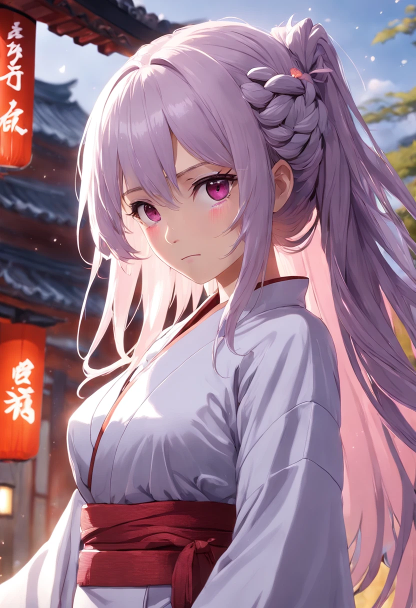 Raiden General Fine clothes White clothes Blunt bangs Braided (mid-chest: 1.4) cleavage Wide sleeve kimono Hair accessories Day clothes (red belt: 1.4) (light purple hair: 1.4) Very long hair, straight hair, delicate face, cold face, (smooth chin: 0.85), looking at the audience, beautiful eyes, detailed eyes, skirt, (sunset: 1.4), from the side, (cherry tree: 1.5), photon mapping, physically based rendering, RAW photos, highly detailed background, (Real photo: 1.35), high resolution, perspective, front,