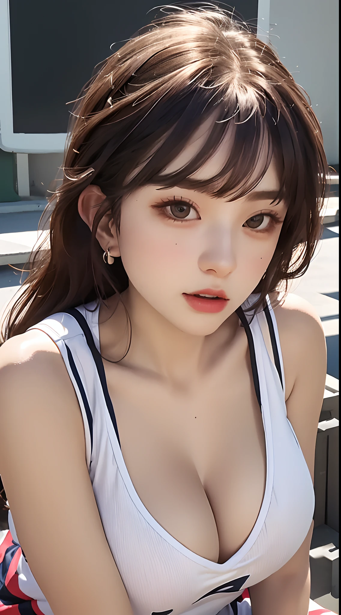 (RAW photo, 4k, masterpiece, high resolution, extremely complex) (realistic: 1.4), cinematic lighting Delicate girl with facial features
1 Girl, Single Focus, Summer Noon, Hot, 1990s\(Style\), Skin White, (Big Breast, Cleavage), (Best Quality), (Highres), (An Extremely Delicate and Beautiful),,(Beautiful 8k face),(Brown Eyes),(ulzzang-6500:1.0),(solo),( looking side),(spectators),(large breasts),(NBA),bent over,,lookside,(side), ,(Basketball sportswear),((Play basketball)),((gymnasium)),((speed)),(reality),