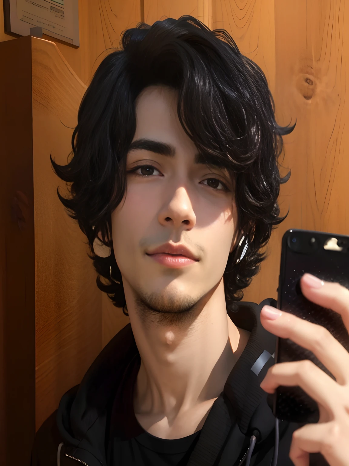 arafed man with black hair and earphones taking a selfie, (dark shorter curly hair), curly middle part haircut, he has short curly brown hair, anime realism style, realistic anime 3 d style, finn wolfhard, xqc, male anime style, halfbody headshot, 8k portrait render, semi realistic anime, realistic artstyle