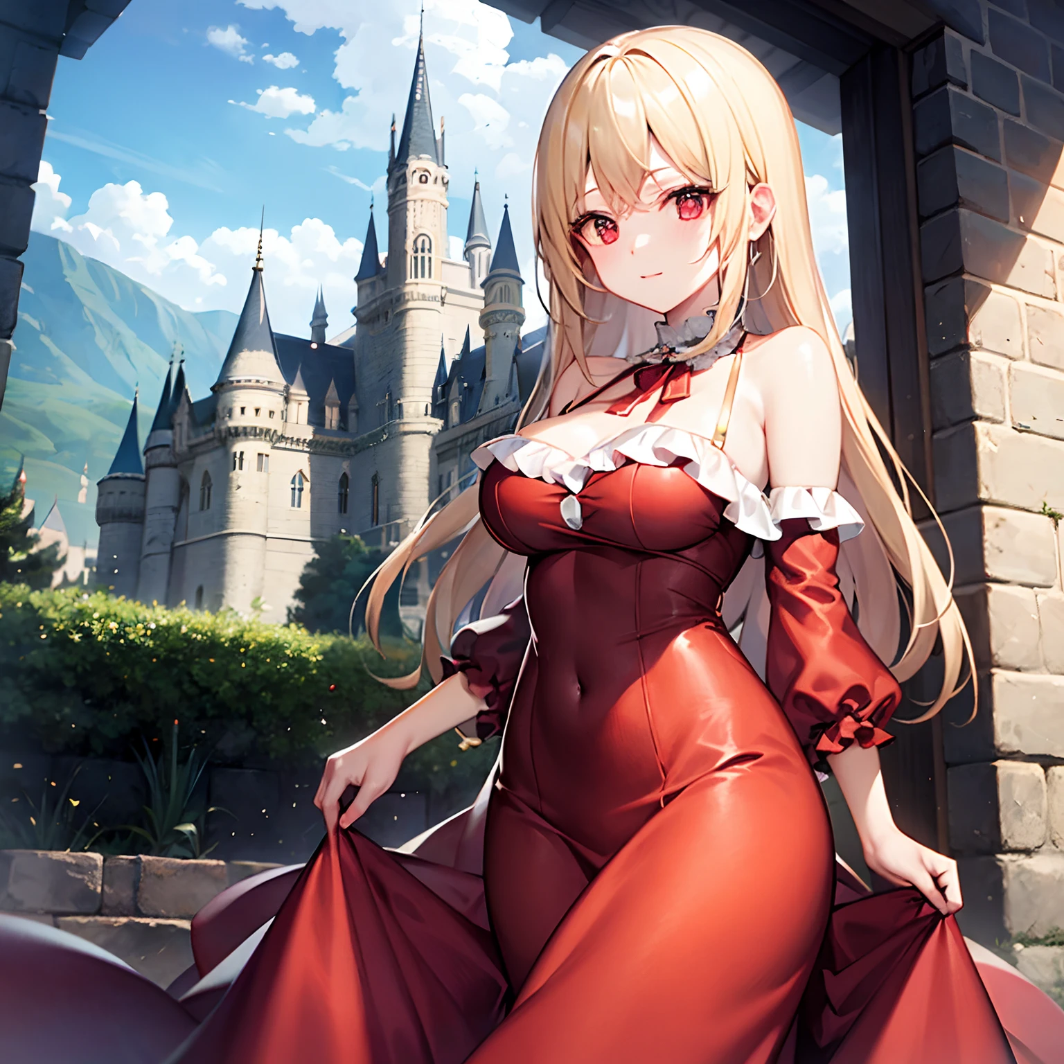 a blond、red eyes、Beautiful girl alone、Red fluffy dress、off shoulders、Western-style castle