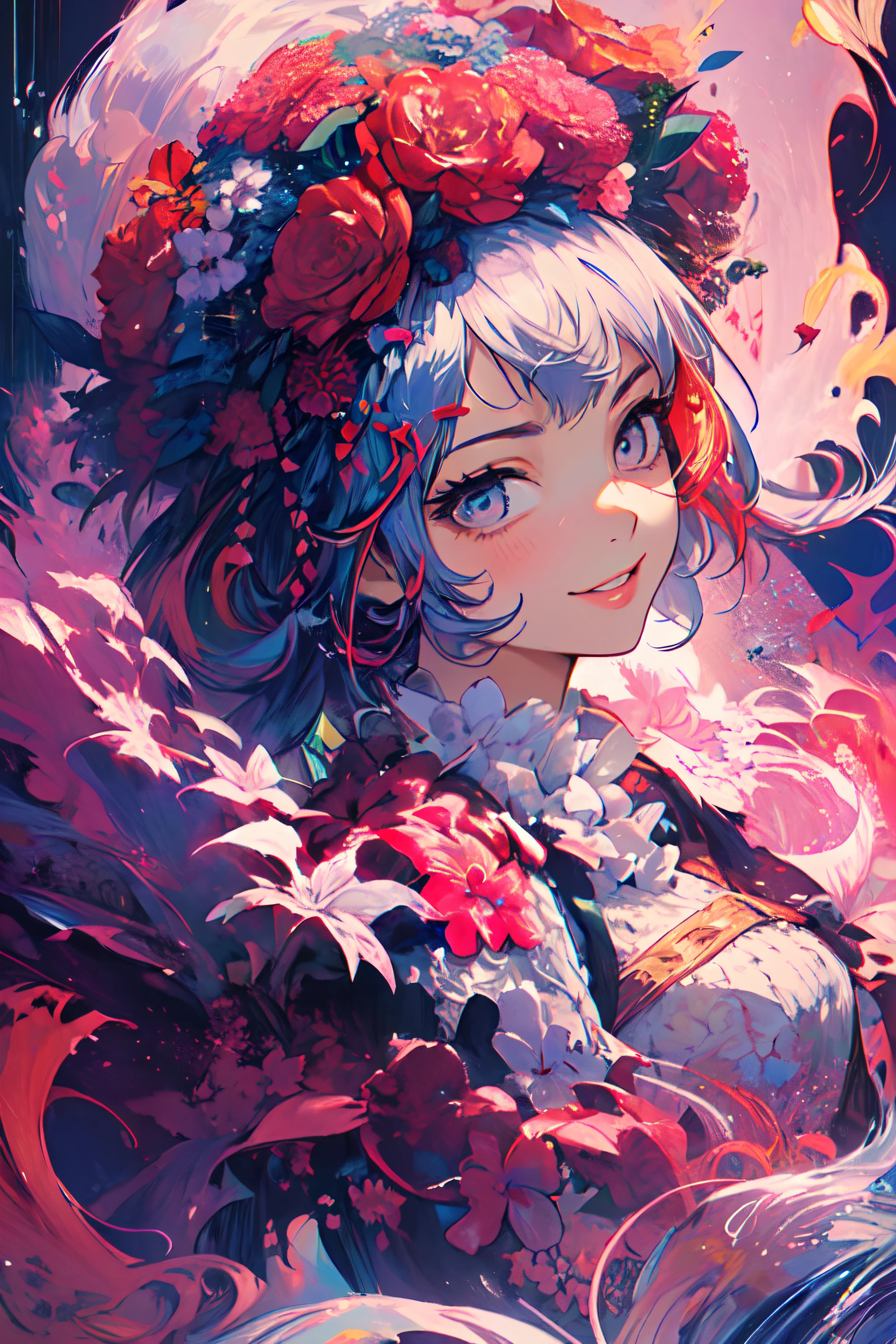 ((flowercrown)),Contemporary art created by tracing traces of colorful ink、masterpiece、ultra-detailliert、pop-art、innocent smiles、eye glass、(1 girl, Solo:1.6),(Cute smile), (Best Impact:1.5), (maximalism:1.7), Vivid contrast, (Realistic), hyperrealistic illustrations, hight resolution, ultra-detailliert, absurderes,(Fractal Art:1.3)、One Piece Appearance、Random hairstyle、Random hair color colorful、FULL BODYSHOT、Retro、Precise focus、randome pose、cinema4d、Drama