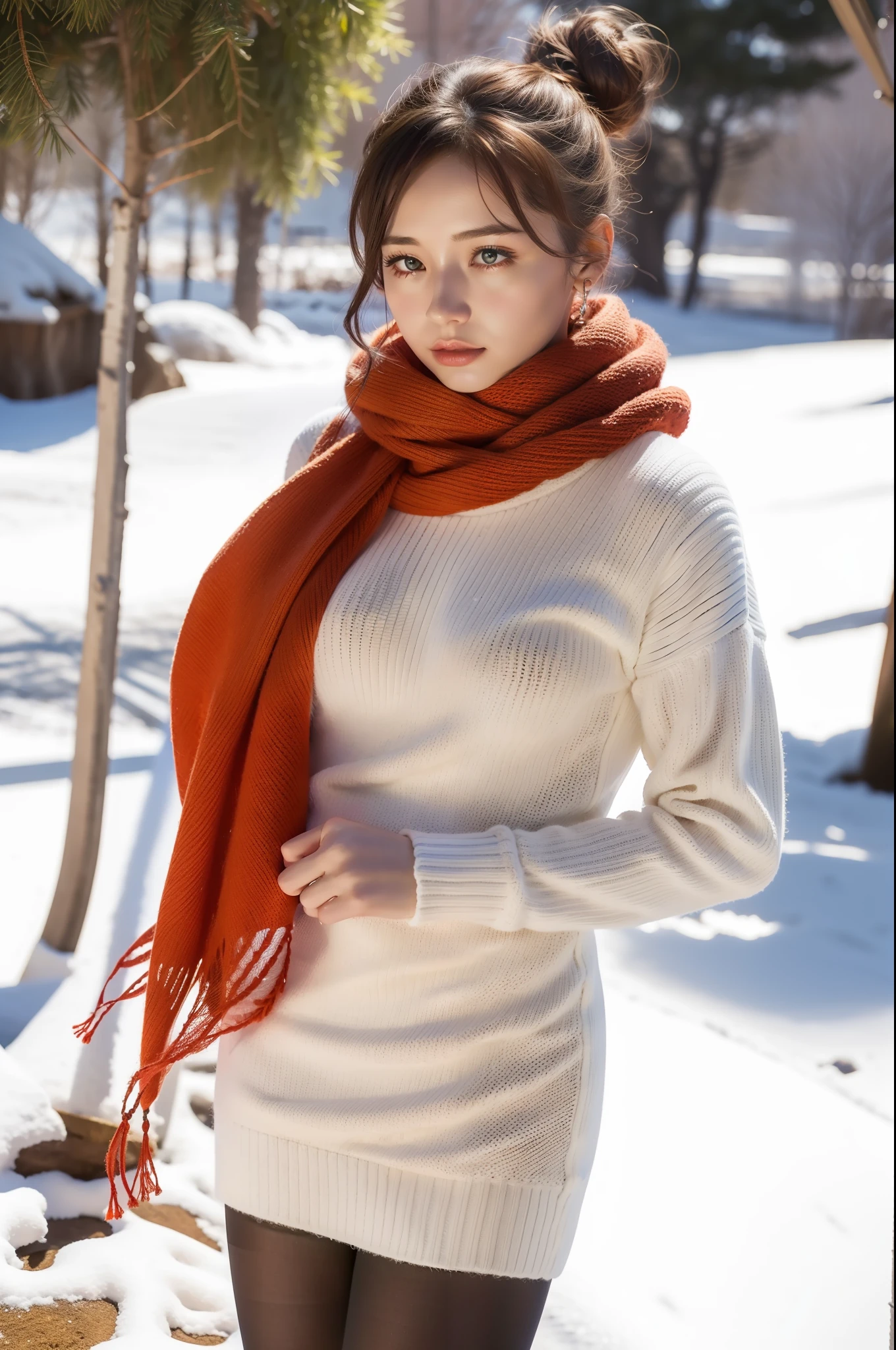 Winters，snow landscape，Beautiful teenage girl，Long black and red hair，hair-bun，lacepantyhose，Long white sweater，Orange-red scarf，depth of fields，Real light，Ray traching，OC renderer，UE5 renderer，Hyper-realistic，best qualtiy，8K，Works of masters，super-fine，Detailed pubic hair，Correct anatomy