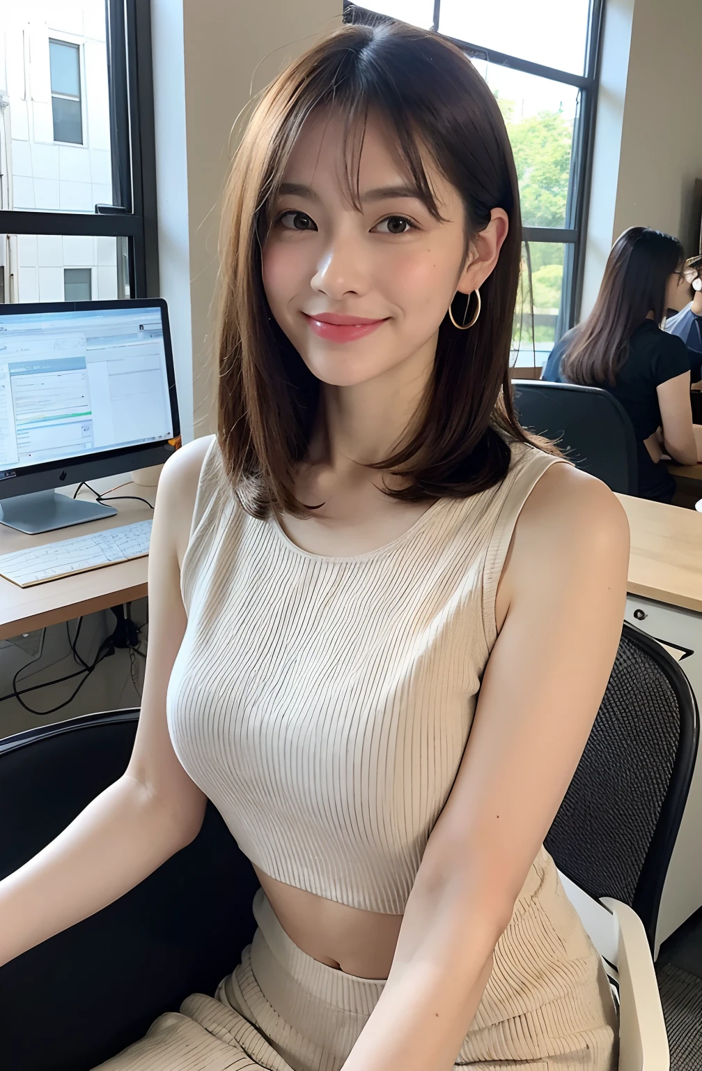 company office,executive secretary,okinawa,((full body)),((photo)),((best qualtiy, 8K, tmasterpiece:1.3)), Focus:1.2, perfect figure beautiful girl:1.4,1girl,cowboy shot,look at viewer, eyes facing the camera,incredibly absurd, beautiful and cute girl with a photorealistic face, showcasing top-quality craftsmanship, Japanese woman working in an office, 22 years old, hairstyle is black bob hair, inward curling hair reaching the jaw line, thin and soft hair, wide forehead with beautiful hairline, thin eyebrows, large almond-shaped eyes, light brown eyes, long eyelashes, double eyelids, straight nose, small lips, smile with upturned corners, fair and translucent skin, plump cheeks, cute impression, glamorous, tall, well-balanced proportions, large E-cup breasts, beige V-neck knit, white tight skirt, heeled pumps, pearl necklace and earrings, small bag, gold watch, beautiful, pretty older woman, neat, serious, hardworking, kind, considerate, highly trusted by those around her, April