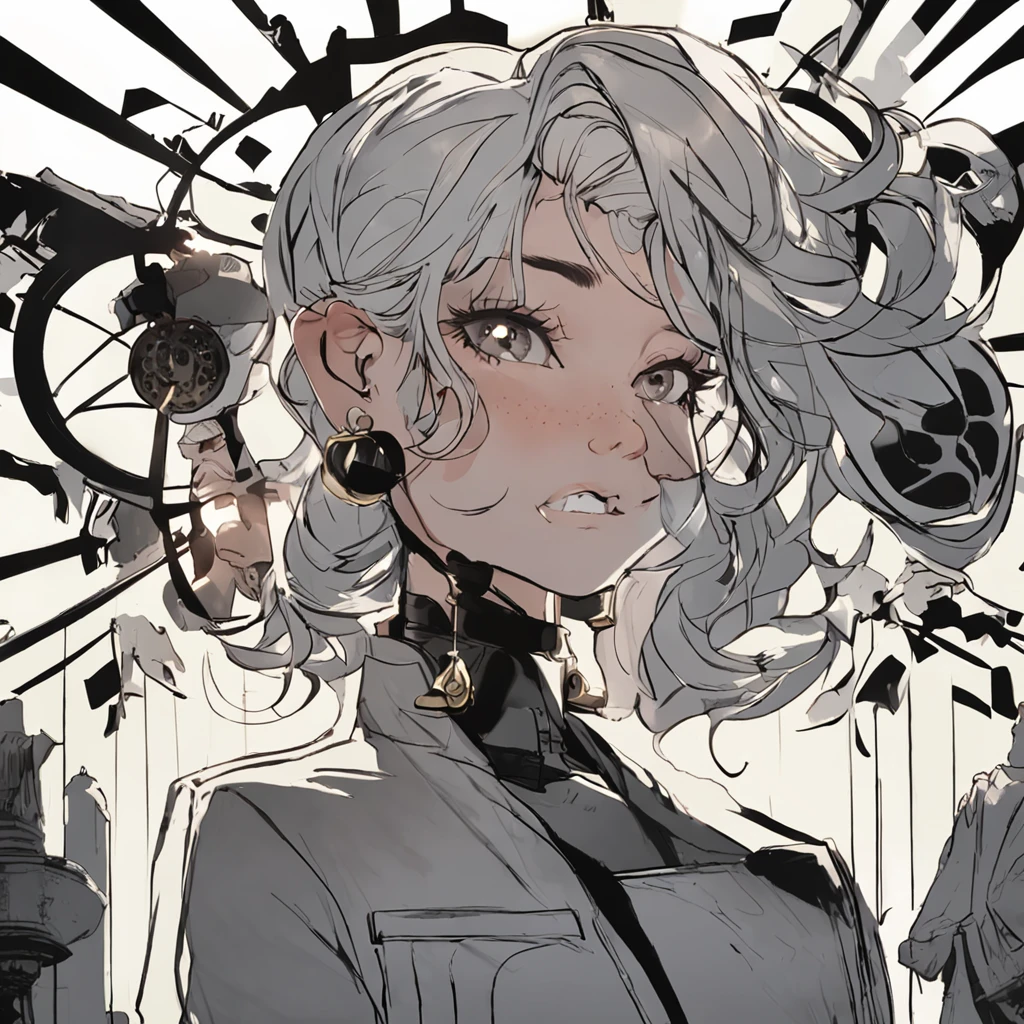 blonde hair, grey hair, weapons, jewelry, goggles, Eye Reflection, Colored Eyelashes, Diamond-Shaped Pupils, earrings, Crescent Earrings, Full blush, happy, Upper teeth, excited, A choked laugh, Art Deco, Neoclassical, Social Realism, Chiaroscuro, backlit, Light reflection, Silhouette, Framed, Rotate, Focus lines, foreshortening, f/4.0, Fujifilm, Canon, 巨作, retina, 16k, 8k, 4k
