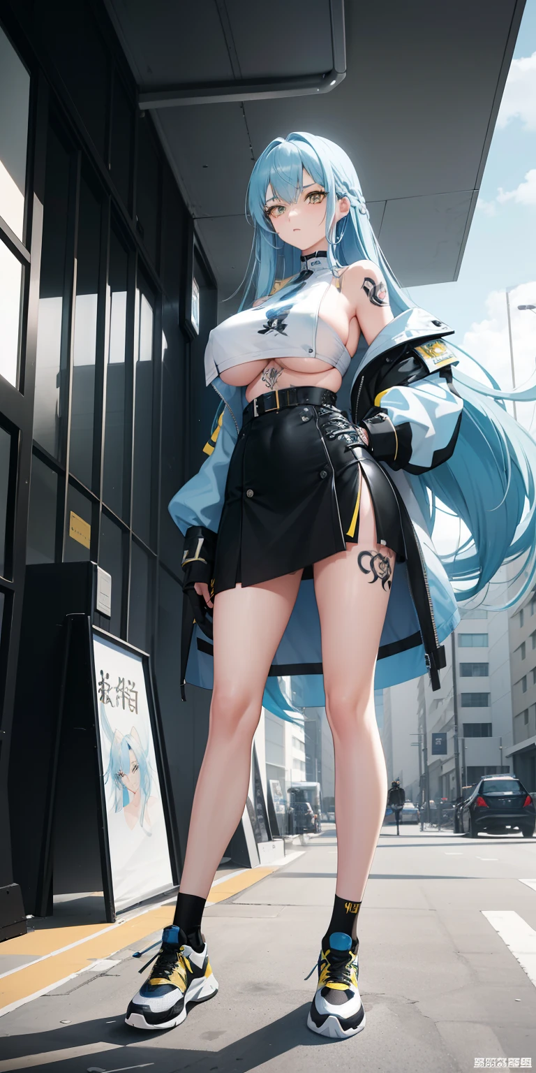 light blue hair, long hair, yellow eyes, black coat, short skirt, big boobs, tattoo on neck, inside a building, black sport shoes, stocking, on top of motorcycle, looking at camera, close up camera