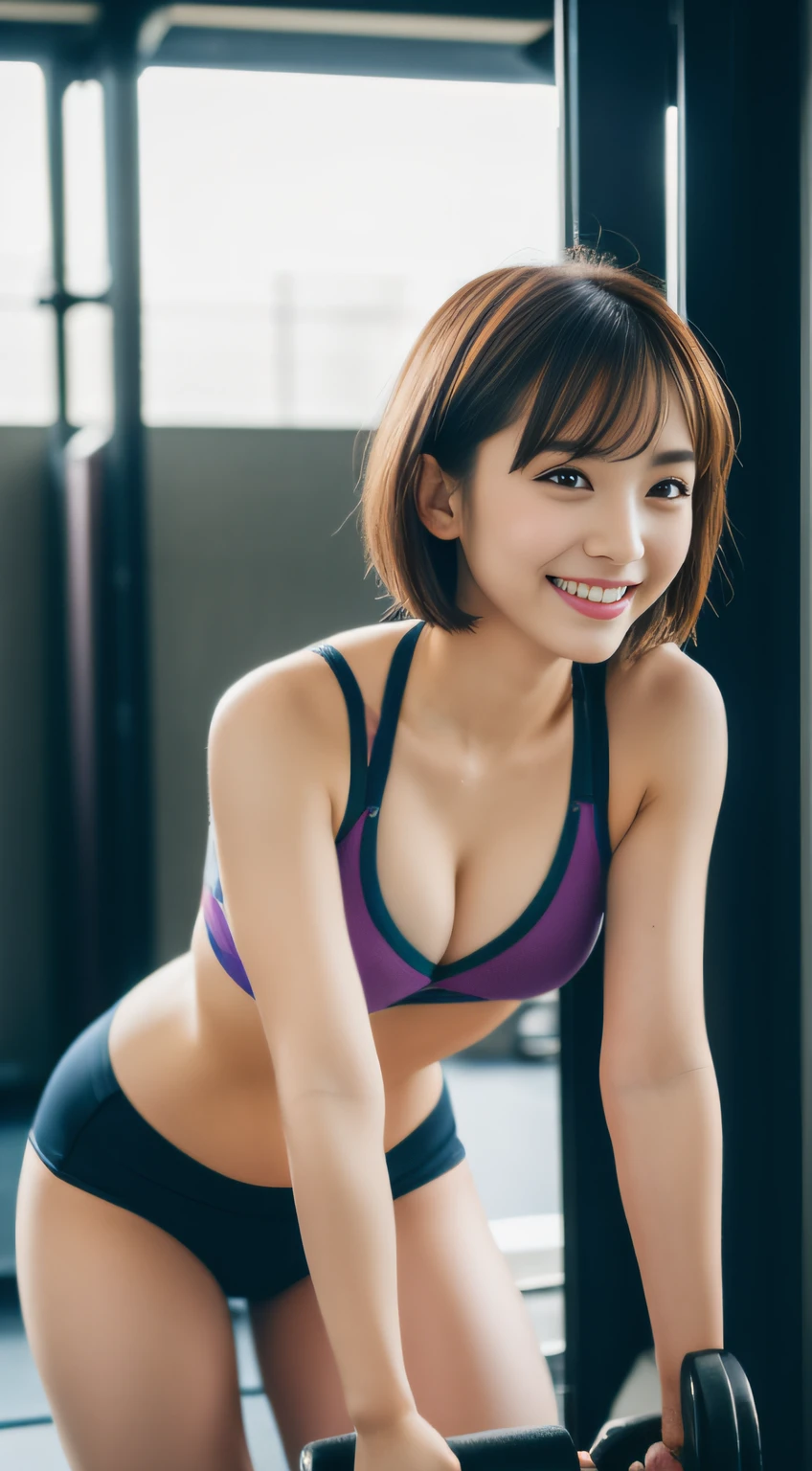 best quality ,masterpiece,ultra high res, very beautiful, kawaii, (photo realistic:1.4), 1girl, Japanese, above the knee, Angle from below, short hair, brown hair, looking at viewer, cleavage, wet, smiling, wearing sports bra, at the gym, Cinematic, 35mm lens, f/ 1. 8, accent lighting, 8k,