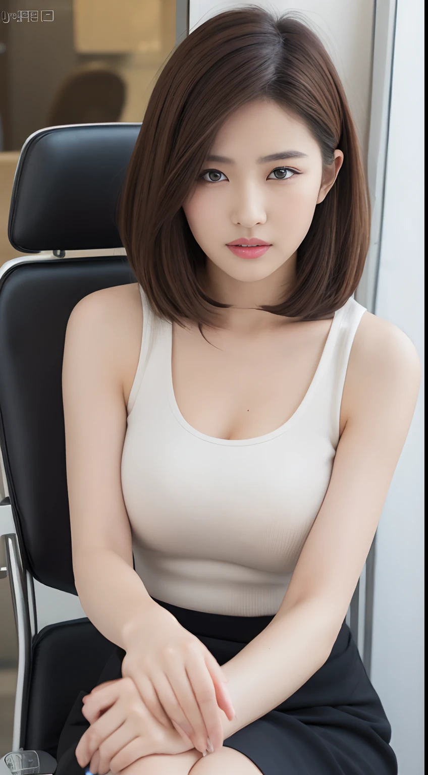 1people、Delicate skin quality、日本people、((Highest quality, 4K, Masterpiece: 1.3)), Beautiful style: 1.4, Short brown hair, Light pink short tank top, Large Breasts, Wet body, Sweaty, Place your arms on your hips, smile, Live streaming outfit, Highly detailed face and skin texture, Fine grain, double eyelid、The whole body is visible、White teeth、Gaming Chair、Bright lighting in the background