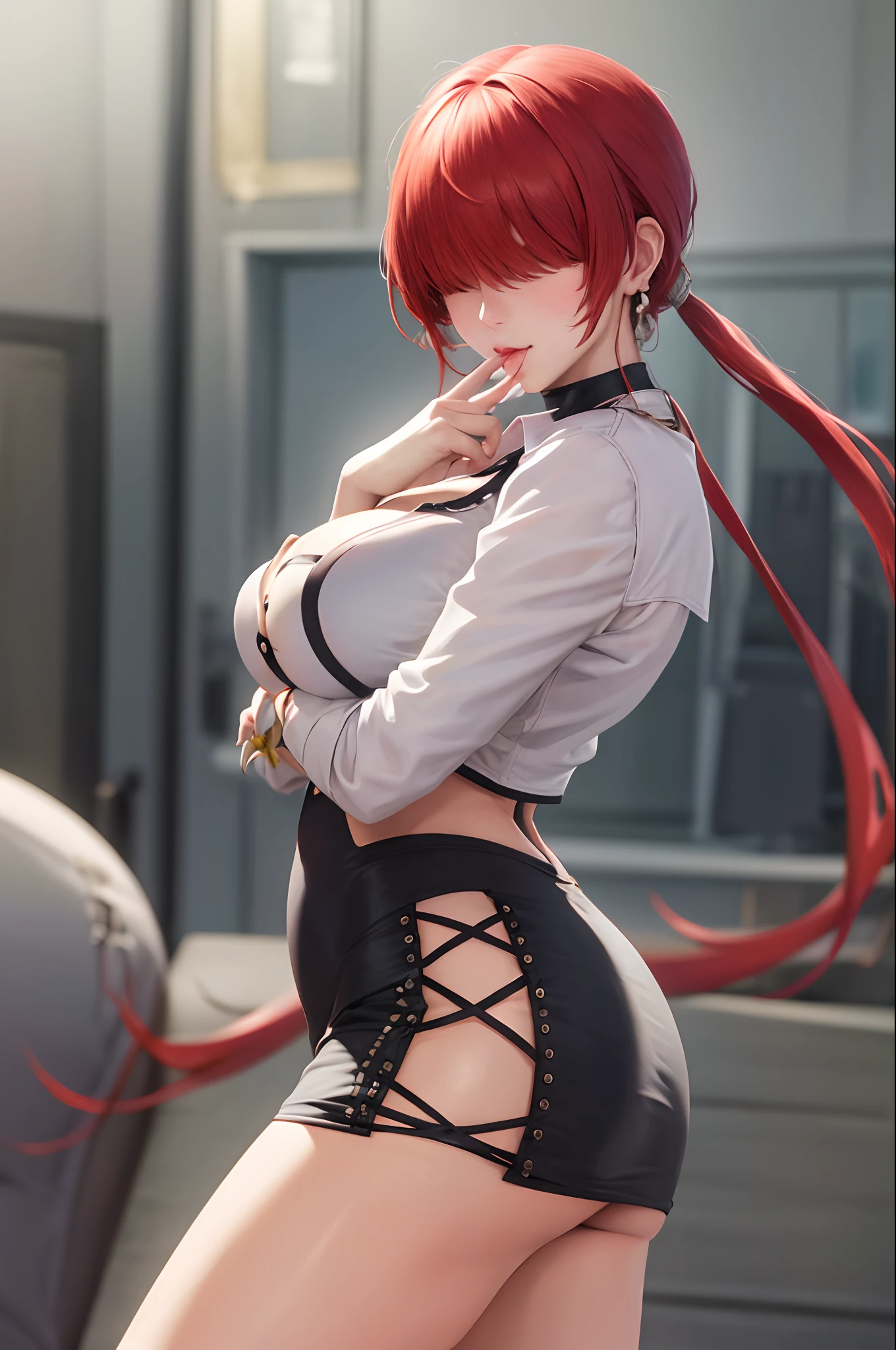 masterpiece, best quality, highres, she1, (hair over eyes:1.1), split ponytail, clothing cutout, earrings, jewelry, miniskirt, white skirt, black dress, earrings, jewelry, pink jacket, cowboy shot, sexy pose, widehips, body,big breasts, hentai style, (lipstick:0.8), victory posture, lips,thicc thighs, finger to mouth, realistic art