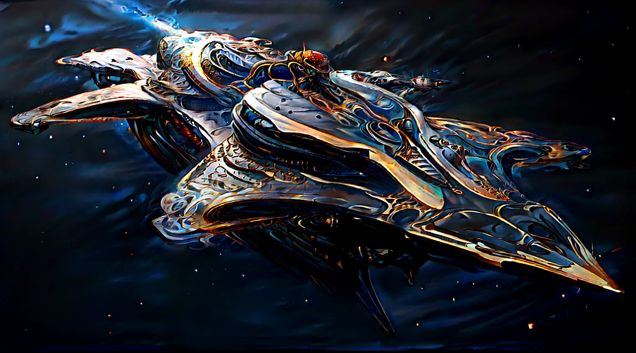 The spaceship flies in the sky,Behind it shines brightly, detailed spaceship, Rendered in redshift, painting of ornate space ship, rendered in keyshot, futuristic spaceship, elitedangerous 💙💜 ornate ︎, futuristic starship, scifi spaceship, Dark ( Spaceship ), high quality cg render, 8k octae render photo, high detail 4k render, 16k render