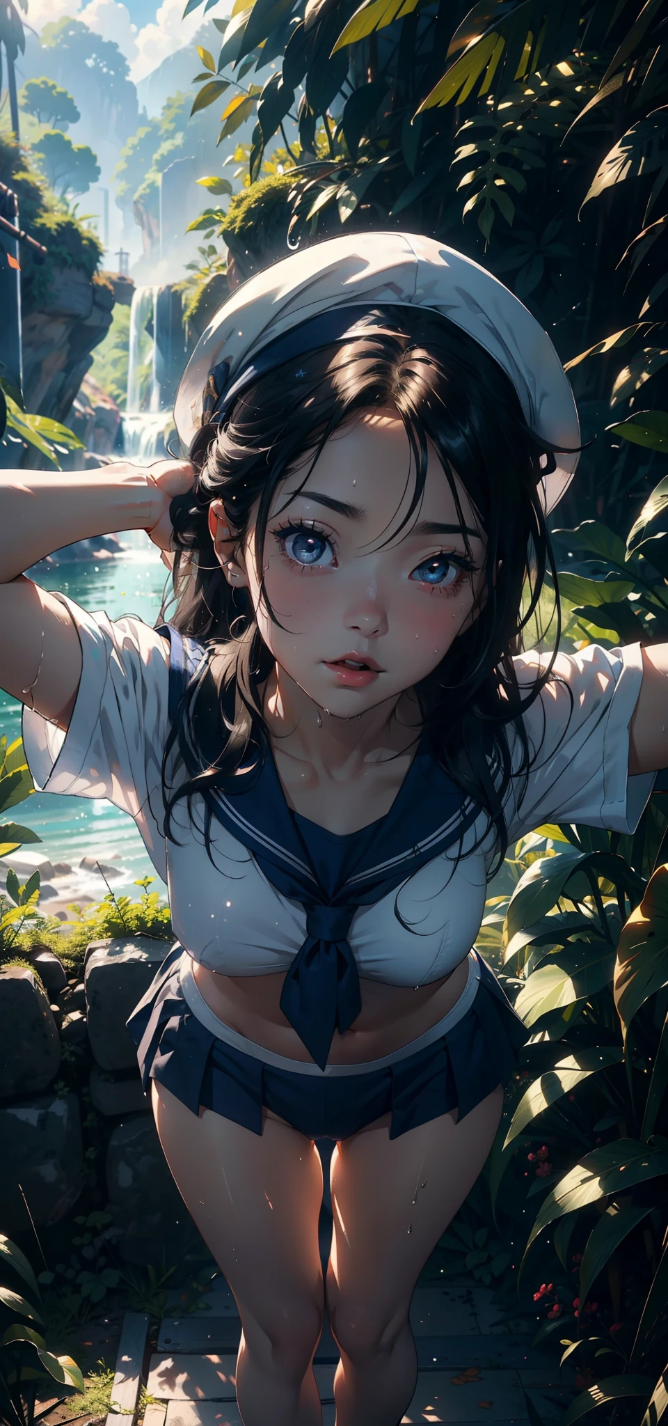 1female,1 year old,Slim,Small loli,smallunderboob ,Pornographic exposure, 独奏,(Background with:ln the forest,the rainforest,in summer) She has long black hair,standing on your feet,Sweat profusely,drenched all over the body,seen from the front, hair straight, mostly cloudy sky,(((tmasterpiece),(Very detailed CG unity 8K wallpaper),best qualtiy,cinmatic lighting,detailed back ground,beatiful detailed eyes,Bright pupils,(Very fine and beautiful),(Beautiful and detailed eye description),ultra - detailed,tmasterpiece,)),facing at camera,A high resolution,ultra - detailed),revealing breasts,Bare genitalia, Bulge,legs are open,Raised sexy,Camel toes,Flushed complexion,Open-mouthed,frontage,elementary student,(Wearing:Blue sailor uniform,Sailor's cap)