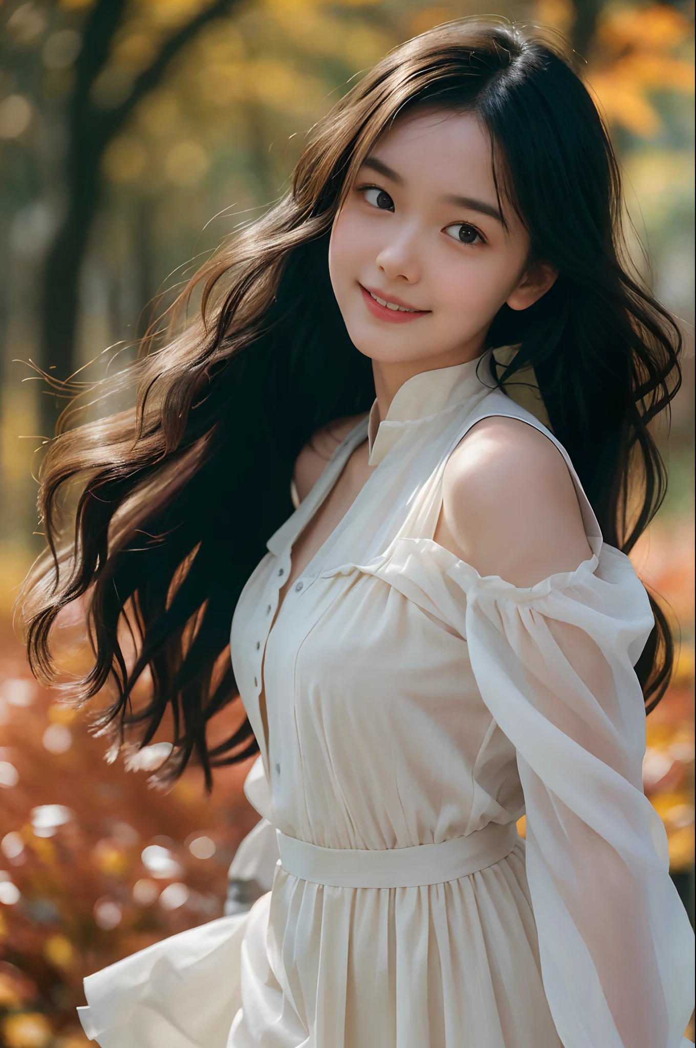 film portrait photography, 1girl, wavy shoulder-length hair (realistic detailed eyes, natural skin texture, realistic face details), soft dramatic lighting, depth of field, bokeh, vibrant details, finely detailed, hyperrealistic, 35mm film, hazy blur, filmg,happy smile, dancing, wearing a black university uniform dress elegant, moving, windy autumn forest
