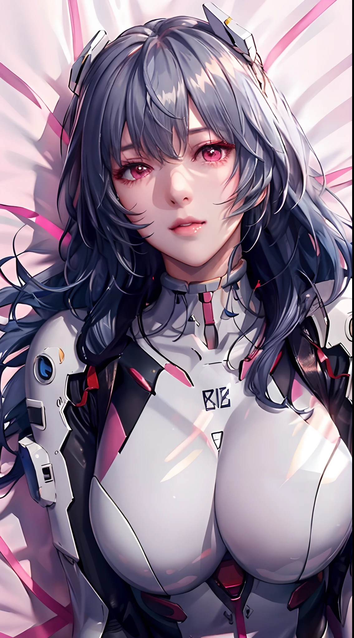 tightsuit,ayanami_Wang,By bangs、Light_Particle、interface_headsed、souryuu_asuka_langley,((( blue hairs,White combat uniform,White tights,looking at viewert, There is light in the eyes,))),(((Light and shadow interlace,white skinned,gigantic cleavage breasts,conservative clothing,Clothes wrapped around the chest,No flesh,The chest is tightly wrapped,Raised ,laughingly,self-assured,Lie down,from back,Plump butt))),Pink glowing clothes,The lighting of the play