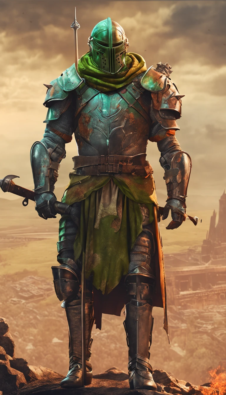 Best quality, Masterpiece, (photograph realistic:1.4), surrealism, a cartoon image of a man in rust iron armor holding a sword, solo, standing, apocalypse theme, wear a gas mask, bald, carrying a large can of green acid behind his back, a human male paladin, male paladin, holding large sword, holding a rust colossal sword with green acid covered, ares with heavy armor and sword, jrpg character, hero character art, simple background,