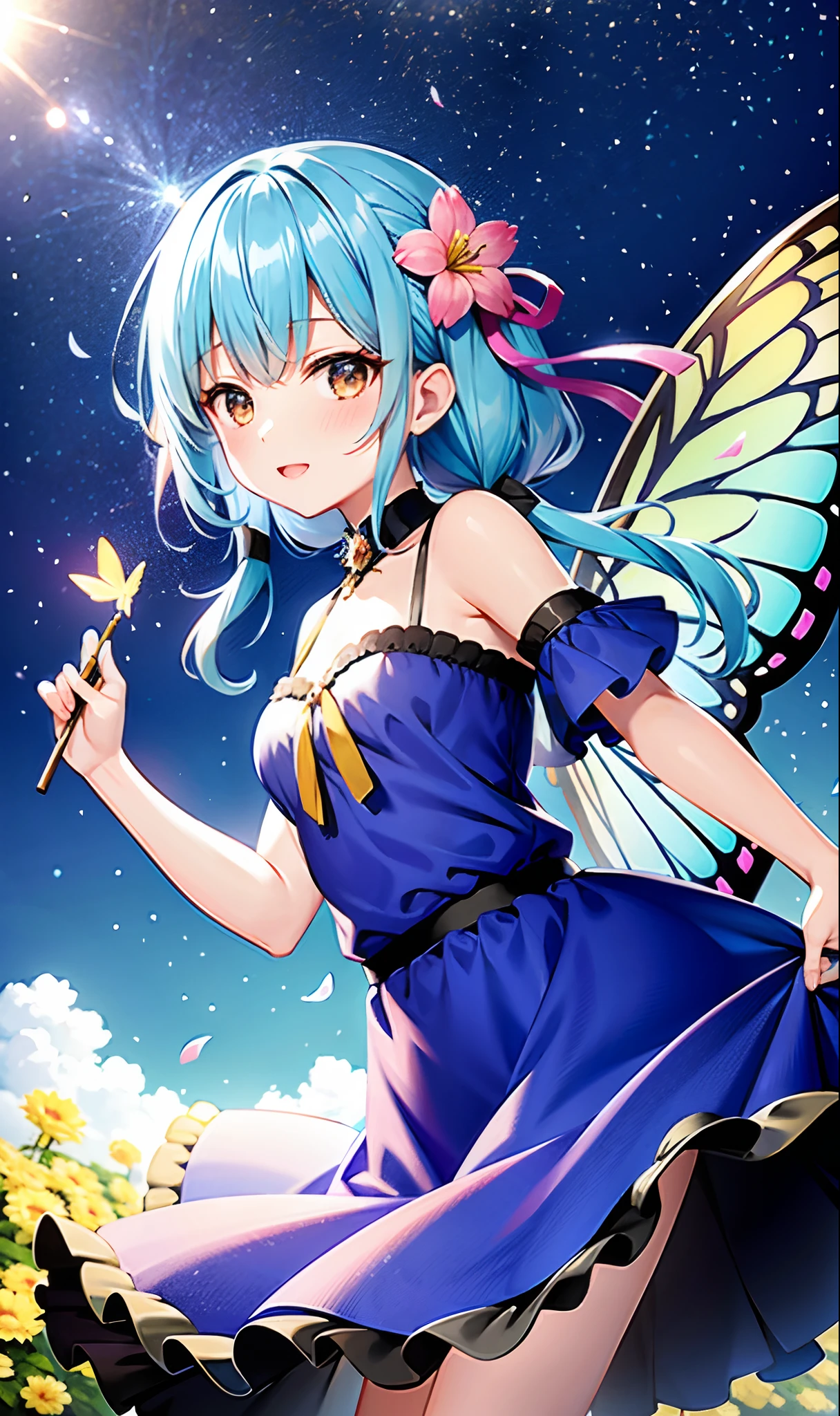 Flower fairy playing. Fairy wears a skirt with petal design, Ruffle sleeveless off-shoulder floating. (Best Quality), (masutepiece:1.3), Ultra-detailed, butterfly_Wings