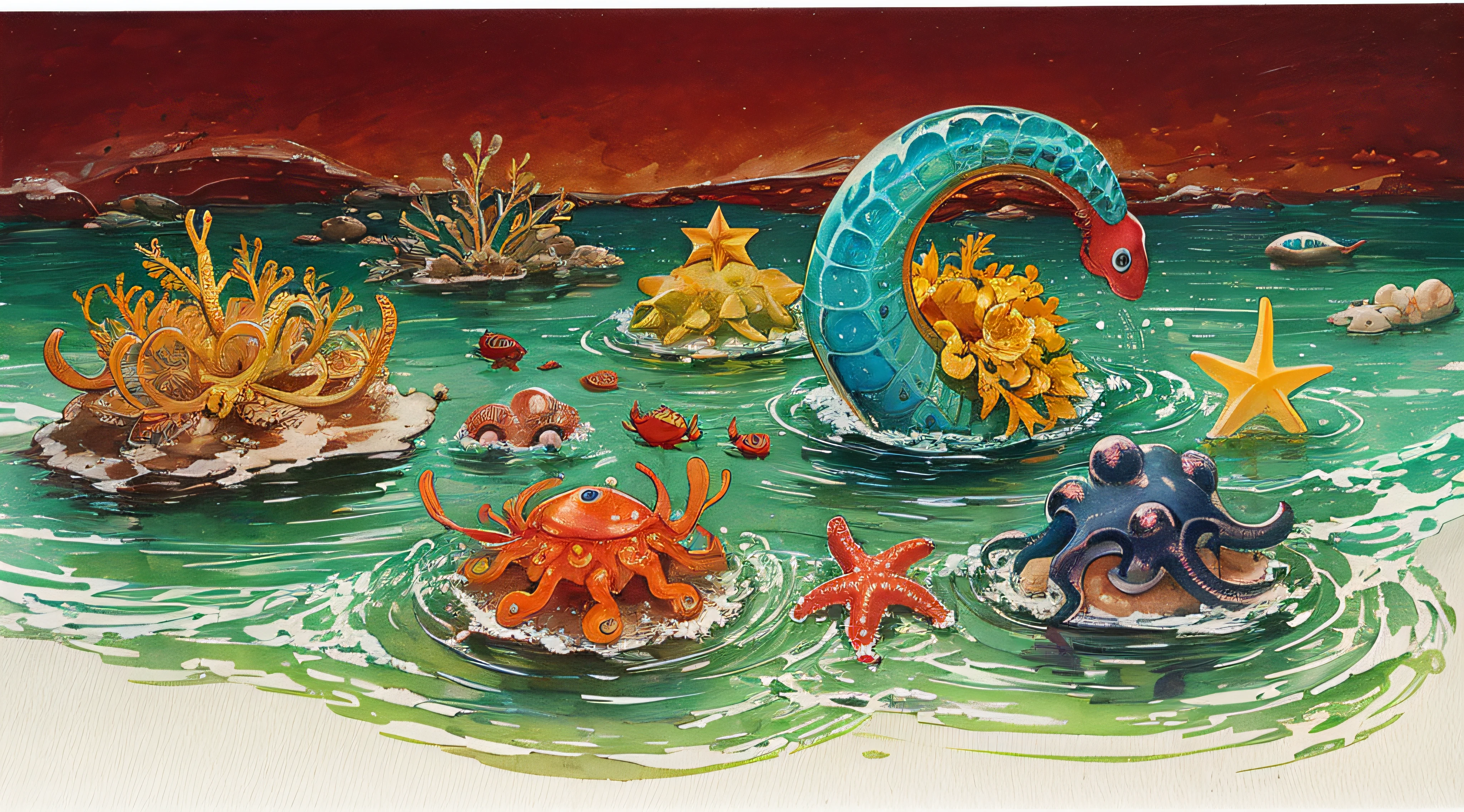 （tmasterpiece，top-quality，best qualityer，aquarelle（curly），offcial art，Beauty and aesthetics：1.2），Colorful，Cartoon style 1.5，Small seahorse，Small octopus，Small crabs，Little starfish，Little dolphins，In the middle is submarine 1.5，