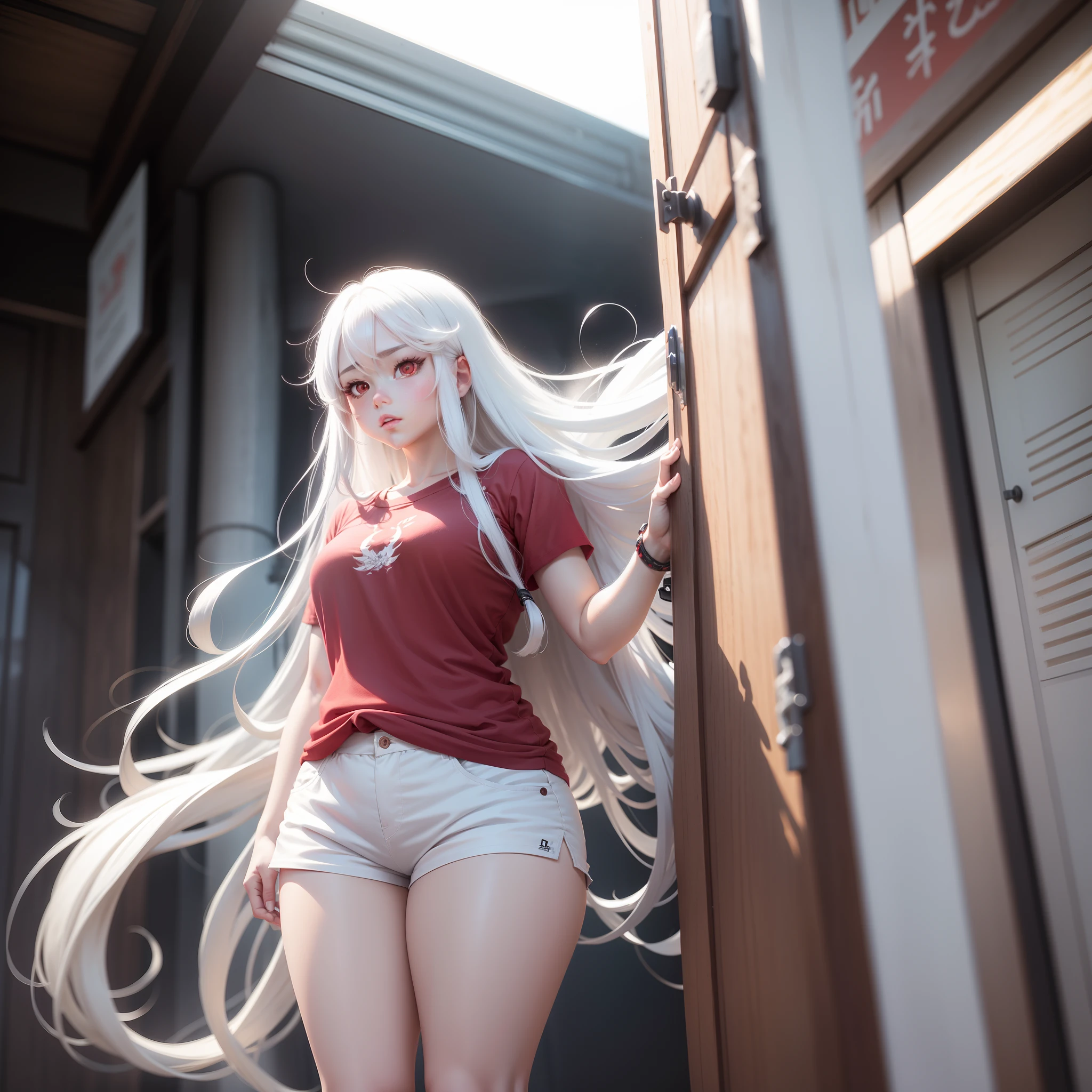 Generate me, an image of an 18 years old Waifu model.
With green hair 
Blue eyes
White skin
Super realistic face, 
She must be in pink pajamas and a tight bra showing off her body.
Her crotch should be marked
