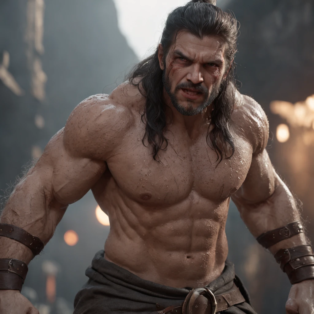 (professional 3d render:1.3) af (Realistic:1.3) most beautiful artwork photo in the world，Features soft and shiny male heroes, ((Epic hero fantasy muscle man rough wet hero angry looking long hair short beard and ferocious expression in dynamic pose, Fantastic location, Majestic cluttered environment)), Full body 8K unified rendering, action  shot, skin pore, very dark lighting, heavyshading, Detailed, Detailed face, (vibrant, photograph realistic, Realistic, Dramatic, Dark, Sharp focus, 8K), (Old leather garments damaged by weathering:1.4), ((((Wear fur)))), (Intricate:1.4), decadent, (Highly detailed:1.4), Digital painting, rendering by octane, art  stations, concept-art, smooth, Sharp focus, illustration, Art germ, (loish:0.23), wlop ilya kuvshinov, and greg rutkowski and alphonse mucha gracias, (Global illumination, Studio light, volumettic light), heavy rain, particles floating, lotr, fantasy, elf, full bodyesbian, ((Dark and ancient city background:1.3)),CGSesociety,art  stations