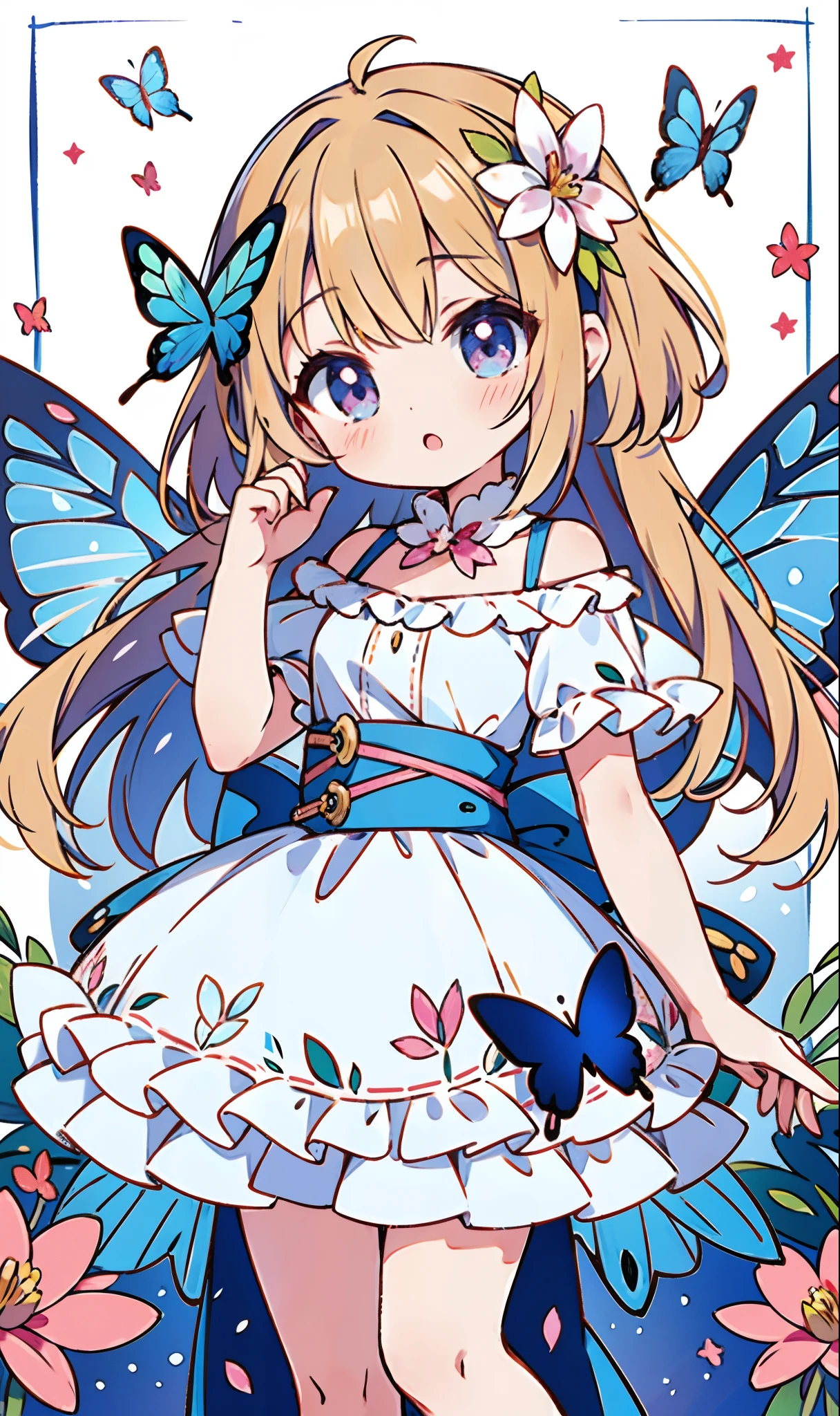 Flower fairy playing. Chibi, kawaii, Cute, Tiny, Fairy wears a skirt with petal design, Ruffle sleeveless off-shoulder floating. (Best Quality), (masutepiece:1.3), Ultra-detailed, butterfly_Wings