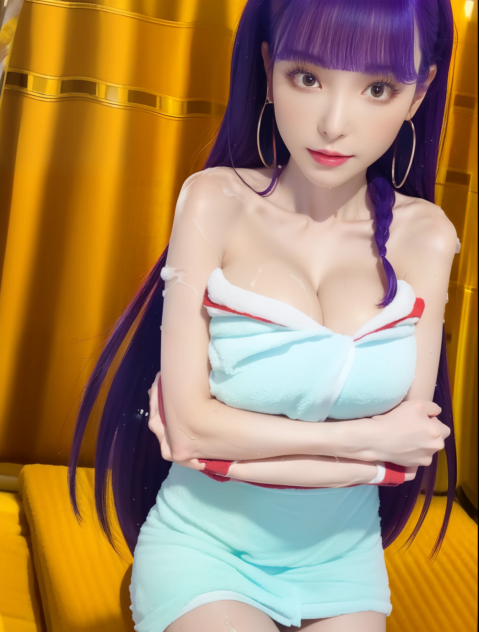 (8k, RAW photos, top quality, masterpiece: 1.2), (realistic, photorealistic: 1.37), (High Quality), (Ultra realistic), (High Details), (Face detail), (Shadow Detail), ((Gigantic huge breasts: 1.5)), (wide hips), ((big butt)), slender abs, slim belly, 1 girl, purple hair, long hair, red earrings, soft make-up, eyeshadow, eyeliner, red lips, ((white towels)), ((wet body)), sexy face, sexy expression, after shower