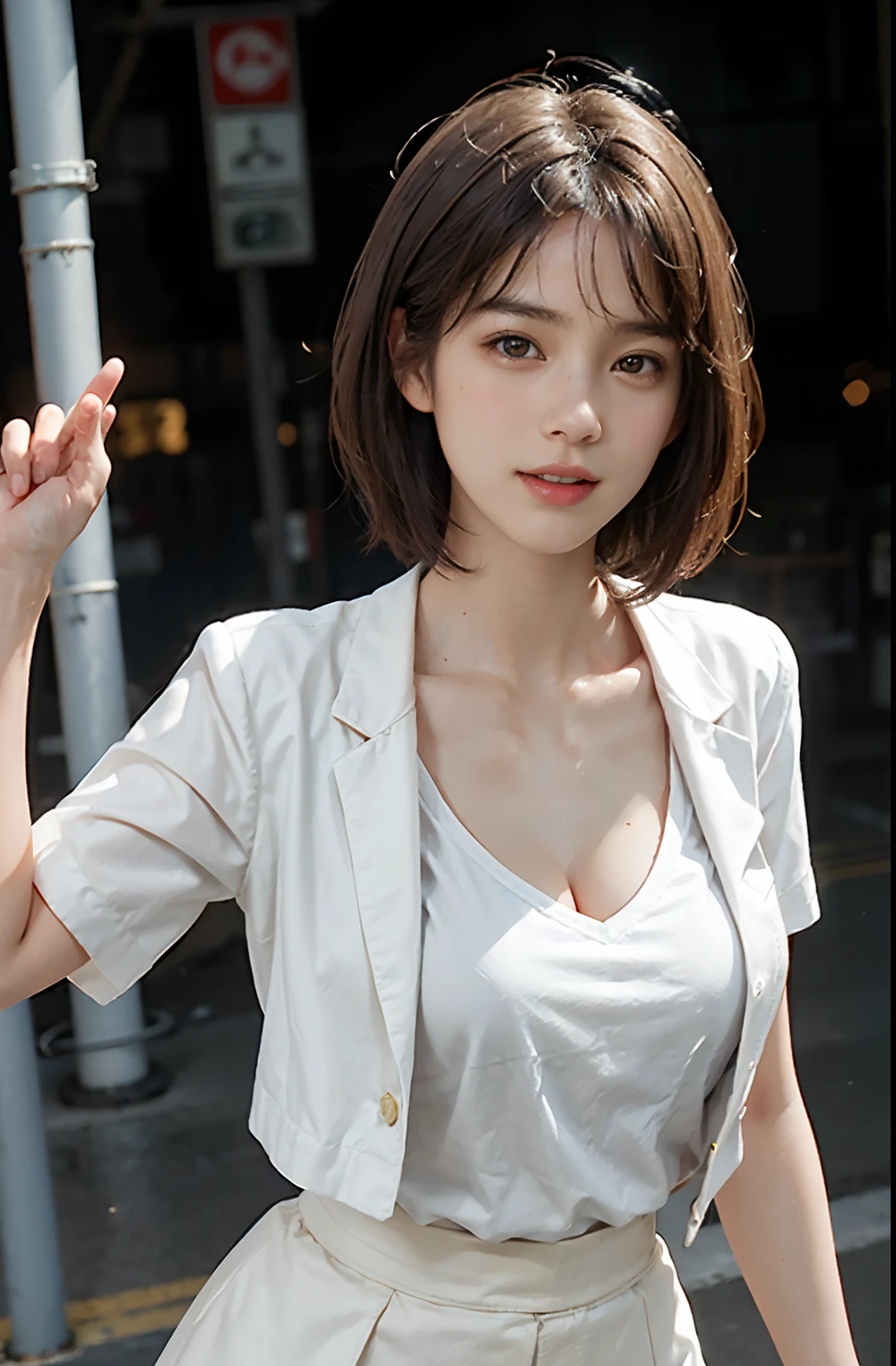((top-quality、8k、masterpiece:1.3))、foco nítido:1.2、Beautiful woman with perfect body shape:1.4、Slimed:1.2、((Layered Haircut、small tits:1.2))、(White long shirt with white buttons:1.1)、(Sateen、a street:1.2)、wetbody:1.5、Highly detailed facial and skin texture、A detailed eye、