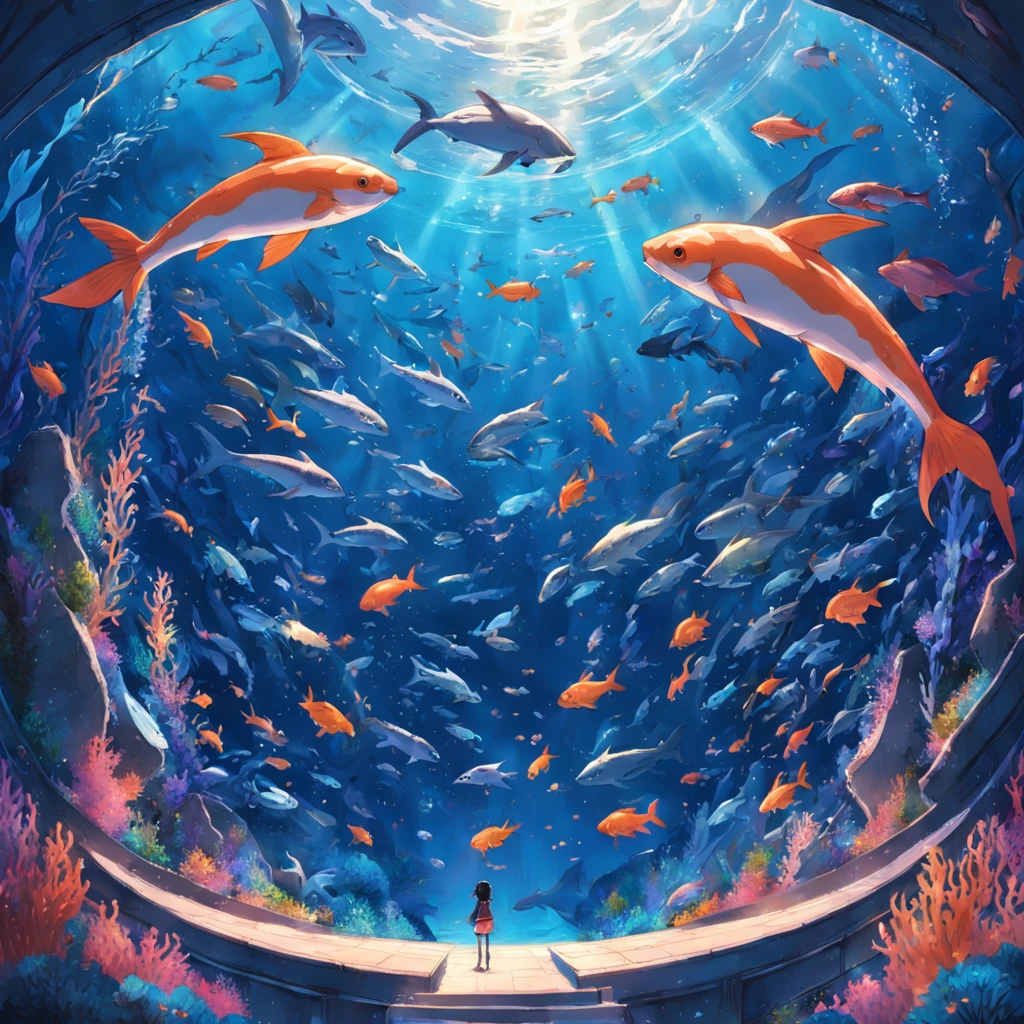 Sea World Fontaine Bright light on the sea, schools of fish form a spiral surrounded by marine life