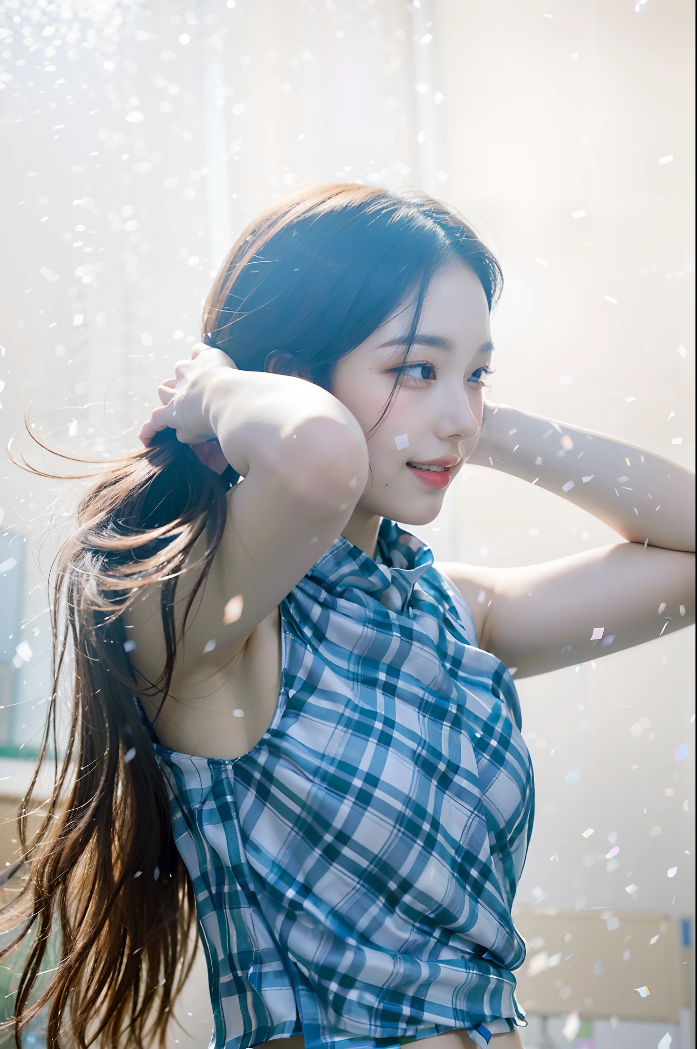 (((Medium hair))), best qualtiy, 8K, hdr, A high resolution, absurderes:1.2, blur backgroun, Background bokeh:1.2, photography of, (RAW photo:1.2), (真实感:1.4), (Masterpiece:1.3), (complexdetails:1.2), 1girll, 独奏, japanaese girl, delicated, Beautiful detailed, (Delicate double eyelids), (Detailed facial features), Bigboobs, (((Large breasts))), Skin Firm, (Looking_at_peeping at the viewer), From_Front, （being thin），（best qualtiy：1.4），（超A high resolution：1.2），cinematic lighitnglamplight，（Extremely detailed illustration），（Gloss on lips，best qualtiy，超A high resolution，depth of fields，Caustics，Extensive illumination，naturalshadow，85mm， f/1.4, iso 200, 1/160s:0.75),1girll, Solo, (((Silk vest))) Smile, ((silk garment,pleatedskirt,‎Classroom))