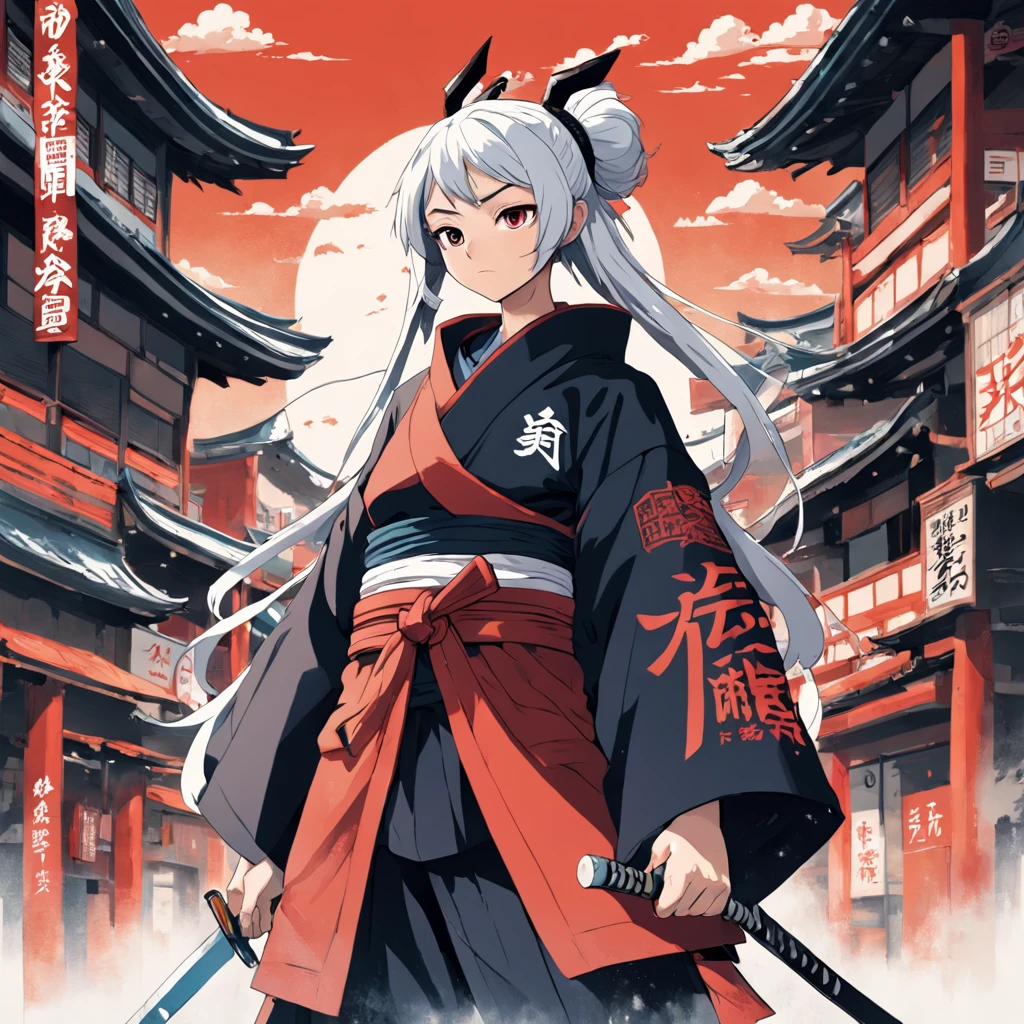 Ninja, Japan style, anime style, urban, cool, graffiti design, typography, Feudal Japan meets Tokyo 2049, Text design, screen print, poster design branding, texts, Kanji, in the style of masters Yoshitoshi, Hokusai, Woodblock print on paper, Japanese letters, feudal futurism style, portrait, 85mm, Zbrush, character concept, 3d, Photorealistic, hyperdetailed, red, orange, white, black --ar 2:3 --c 10 --s 750 --q 2 --v 5 --v 5 -