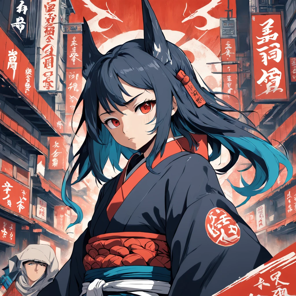 Ninja, Japan style, anime style, urban, cool, graffiti design, typography, Feudal Japan meets Tokyo 2049, Text design, screen print, poster design branding, texts, Kanji, in the style of masters Yoshitoshi, Hokusai, Woodblock print on paper, Japanese letters, feudal futurism style, portrait, 85mm, Zbrush, character concept, 3d, Photorealistic, hyperdetailed, red, orange, white, black --ar 2:3 --c 10 --s 750 --q 2 --v 5 --v 5 -