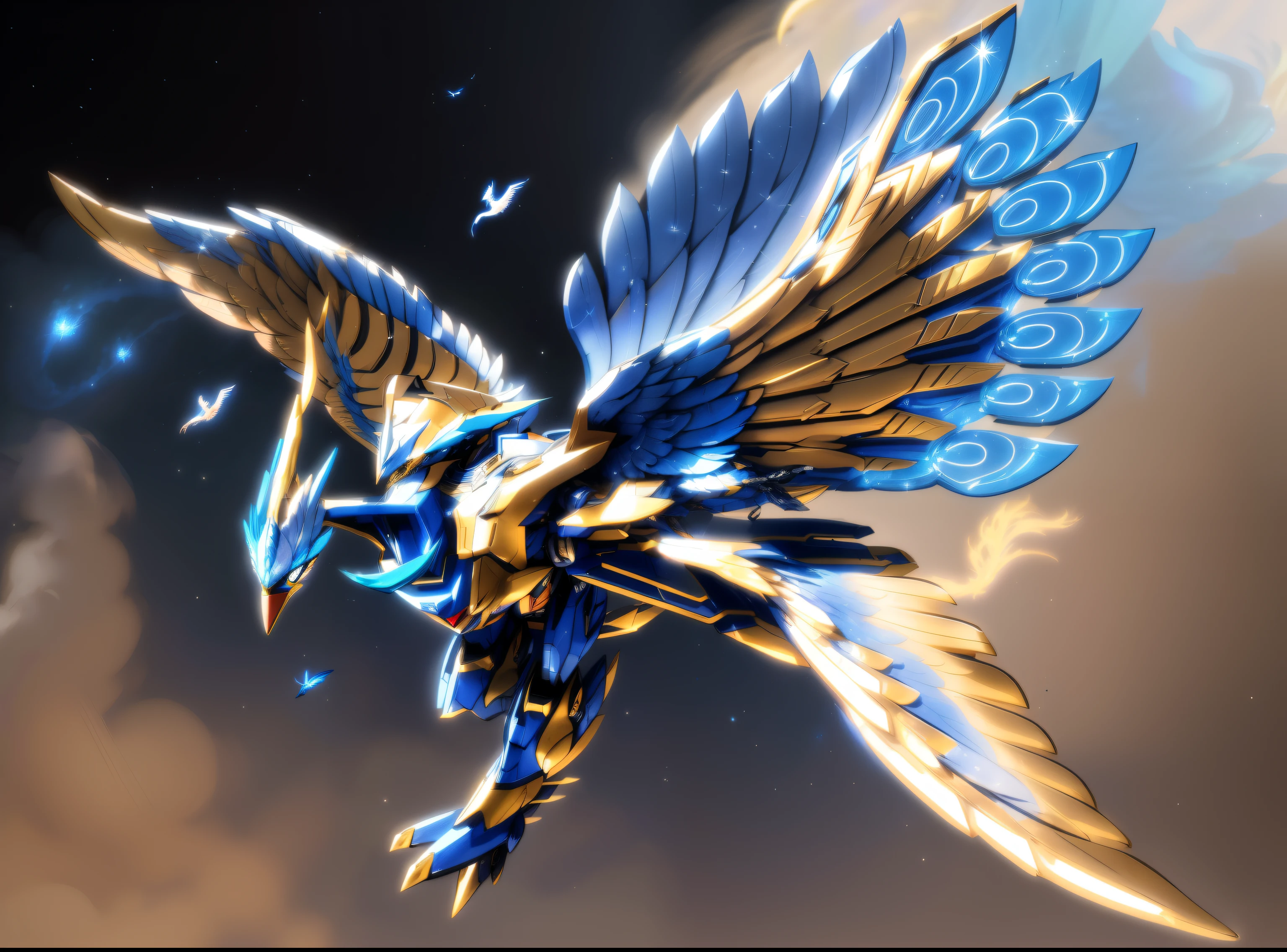 drawing of a blue phoenix mecha_robot with wings on a galaxy background, pterodactyl mecha, concept art of omegamon, mecha wings, robot bird, with large wings, mechanical bird, artwork of a phoenix, supersentai concept art, power ranger concept art, metal, falco lombardi from starfox, fearow
