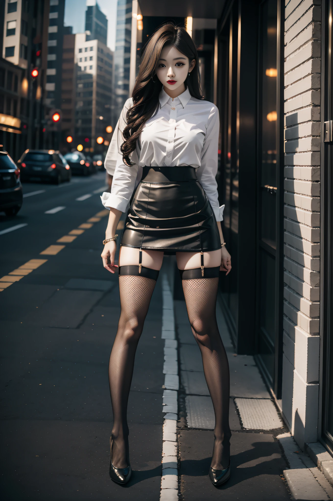 （（（High-rise hip skirt））），（（Long legs）），（（fishnet stockings）），