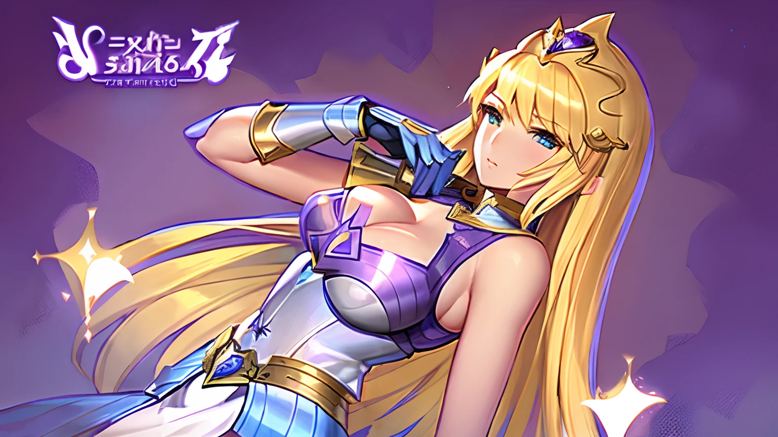 Anime girl with long blonde hair wearing armor and sword, knights of zodiac girl, portrait knights of zodiac girl, In amethyst armor, oppai, huge tit, with large breasts, seductive princess knight, anime goddess, Princess Knight, ((a beautiful fantasy empress)), blonde - haired princess, a blonde emerald warrior, smooth anime cg art, Dress Armor Girl, High quality anime art style