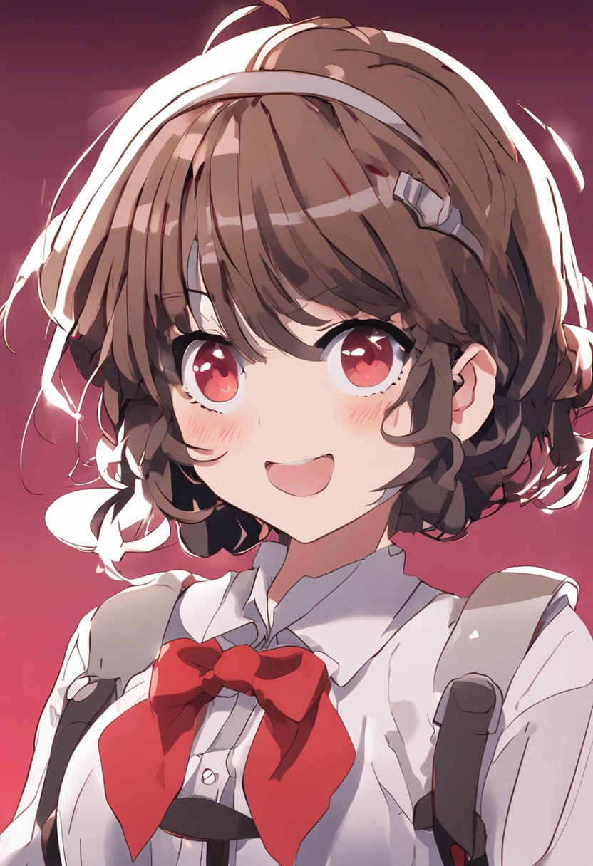 In an anime style, Japanese anime, Gamine, Anime with red short bob hair, medium hair, blunt center bangs, very very voluminous side hair, wavy medium side hair, Red eyebrows, short eyebrow, Blue eyes close to black, Low eyes, Non-hanging eyes, Eyes without lashes, Smiling mouth, I have my mouth wide open, The upper teeth are visible, In an anime style, Sitting crouched, White shirt, Thin bow tie with dark red ribbon, Short beige shorts, suspenders, flat breast, chiquita, anime style character, In anime style, an anime girl, pretty anime girl, Background of Western-style buildings