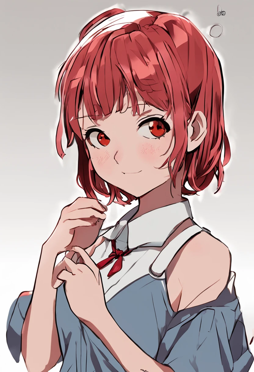 In an anime style, Japanese anime, Gamine, Anime girl baby with red short bob hair, medium hair, blunt center bangs, very very voluminous side hair, wavy medium side hair, Red eyebrows, short eyebrow, Blue eyes close to black, Low eyes, Non-hanging eyes, Eyes without lashes, Smiling mouth, I have my mouth wide open, The upper teeth are visible, In an anime style, Sitting crouched, White shirt, Thin bow tie with dark red ribbon, Short beige shorts, suspenders, flat breast, chiquita, anime style character, In anime style, an anime girl, pretty anime girl, Background of Western-style buildings