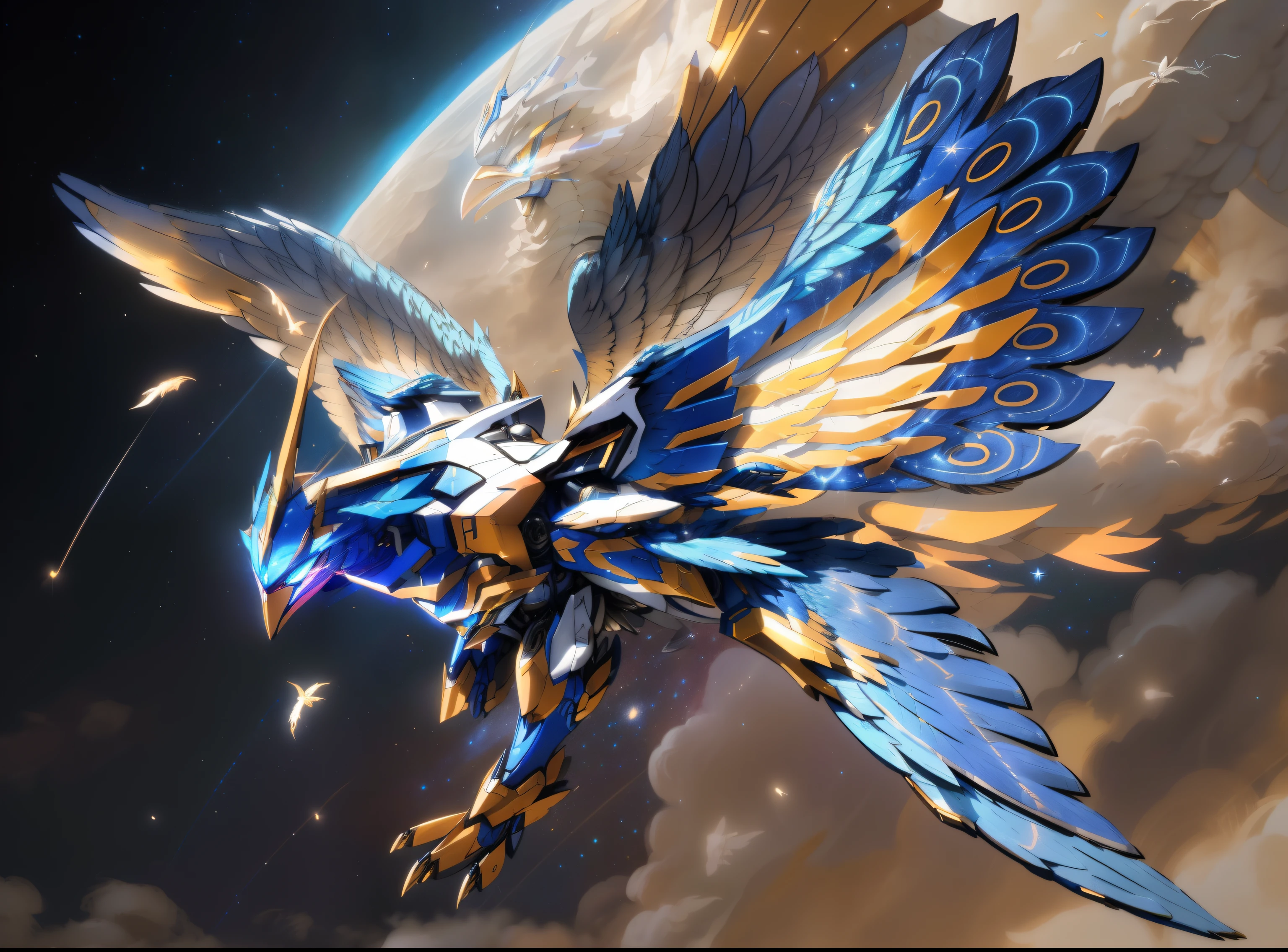 drawing of a blue phoenix mecha_robot with wings on a galaxy background, pterodactyl mecha, concept art of omegamon, mecha wings, robot bird, with large wings, mechanical bird, artwork of a phoenix, supersentai concept art, power ranger concept art, metal, falco lombardi from starfox, fearow, ((ultra realistic))