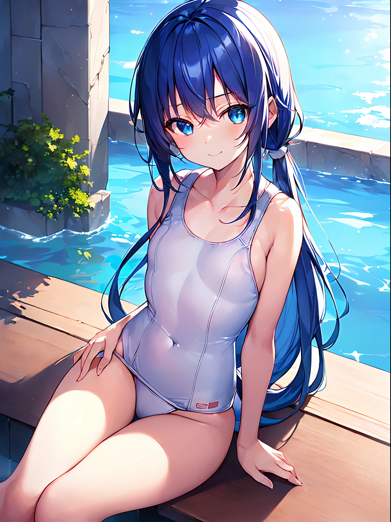 (((The ultra -The high-definition))), (((An ultra-high picture quality))), 独奏, One girl, Very cute, Moe Anime Style, Delicat eyes, (:1.5), (very modest chest:1.3), (saturated blue hair:1.2), (Straight long hair:1.2), (Long straight sideburns:1.1), (blue eyess:1.2), (A little sagging eyes:1.3), (blue-sky:1.1), Outdoor pool, Concrete poolside, Super smile, (Face with closed mouth:1.2), (White One Piece School Swimsuit:1.2), School swimsuit for schoolchildren, (poneyTail), (Inner thigh-sitting)