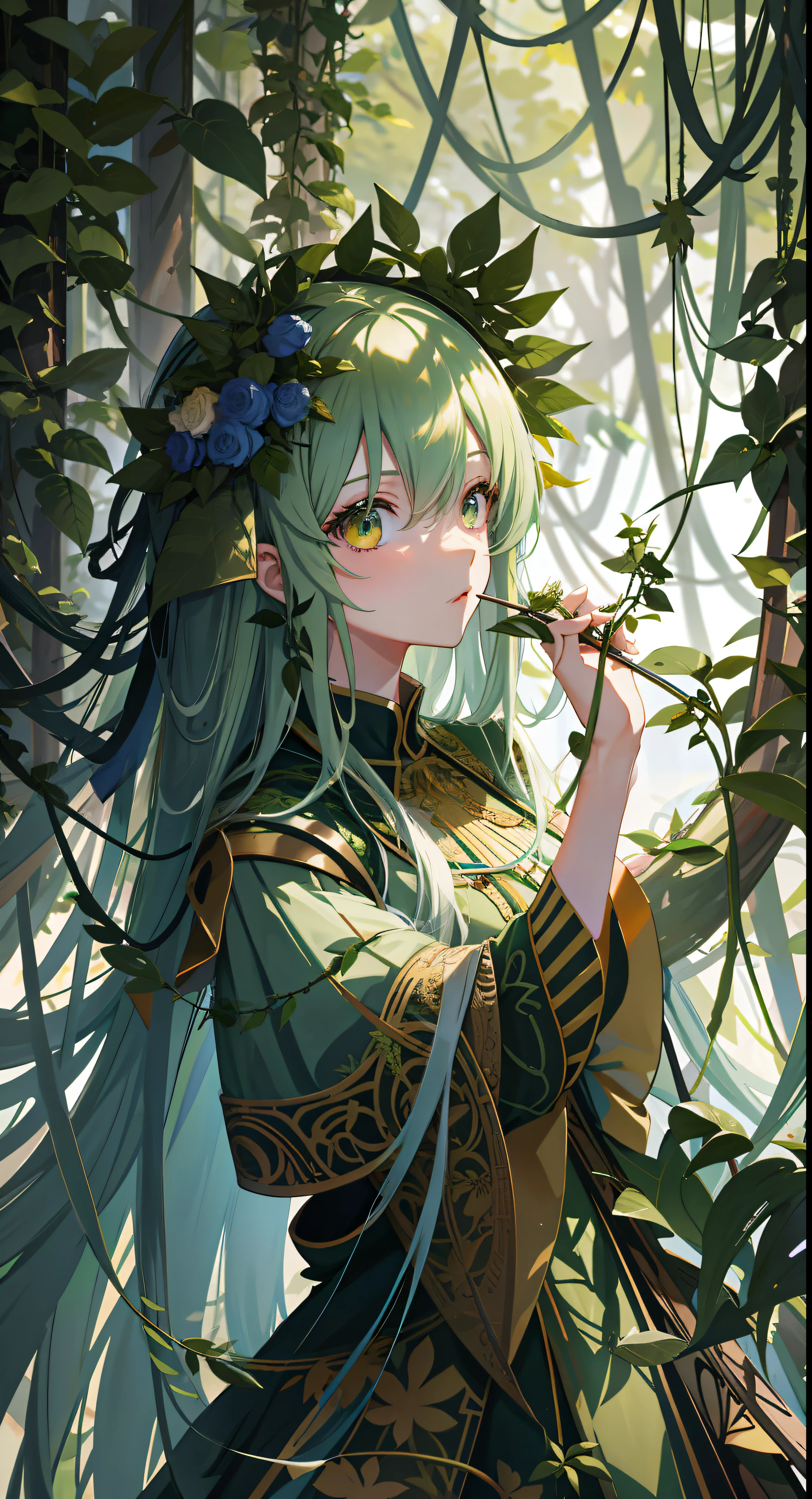 Anime girl in long hair and green dress in the forest, made of vines, zerochan art, covered in vines, overgrown with vines, Anime girl with long hair, vine covered, with ivy, forest soul, with a few vines and overgrowth, detailed anime art, Digital art on Pixiv, clad in vines, Pixiv style, Detailed digital anime art，Hands drooping