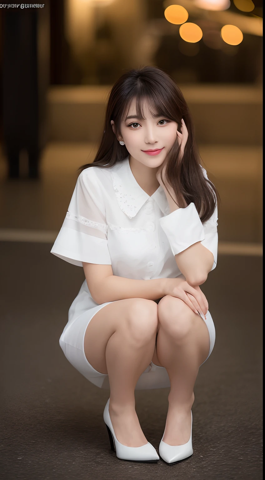 ((top quality, 8k, masterpiece: 1.3)), 1 girl, smile, full body, slim face, pretty woman, (dark brown hair), black chinese dress: 1.1, ultra detailed face, detailed eyes, double eyelids, blurred background, slim face, night view, outside, street, 1.1 big, squat, paws wide open, look inside skirt, knee and knee apart, pants visible, panty shot, White sexy panties